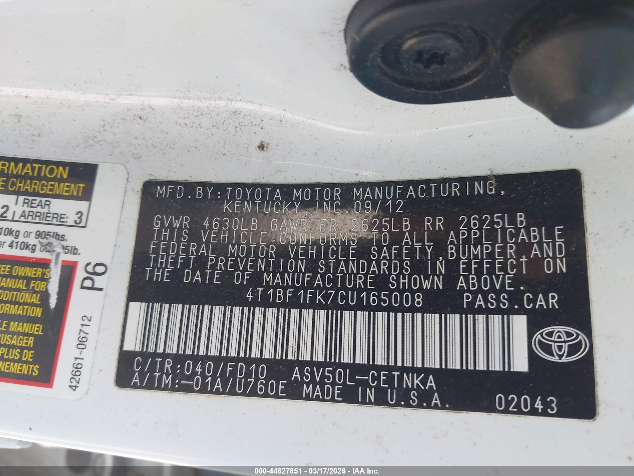 2012 Toyota Camry Le Белый vin: 4T1BF1FK7CU165008