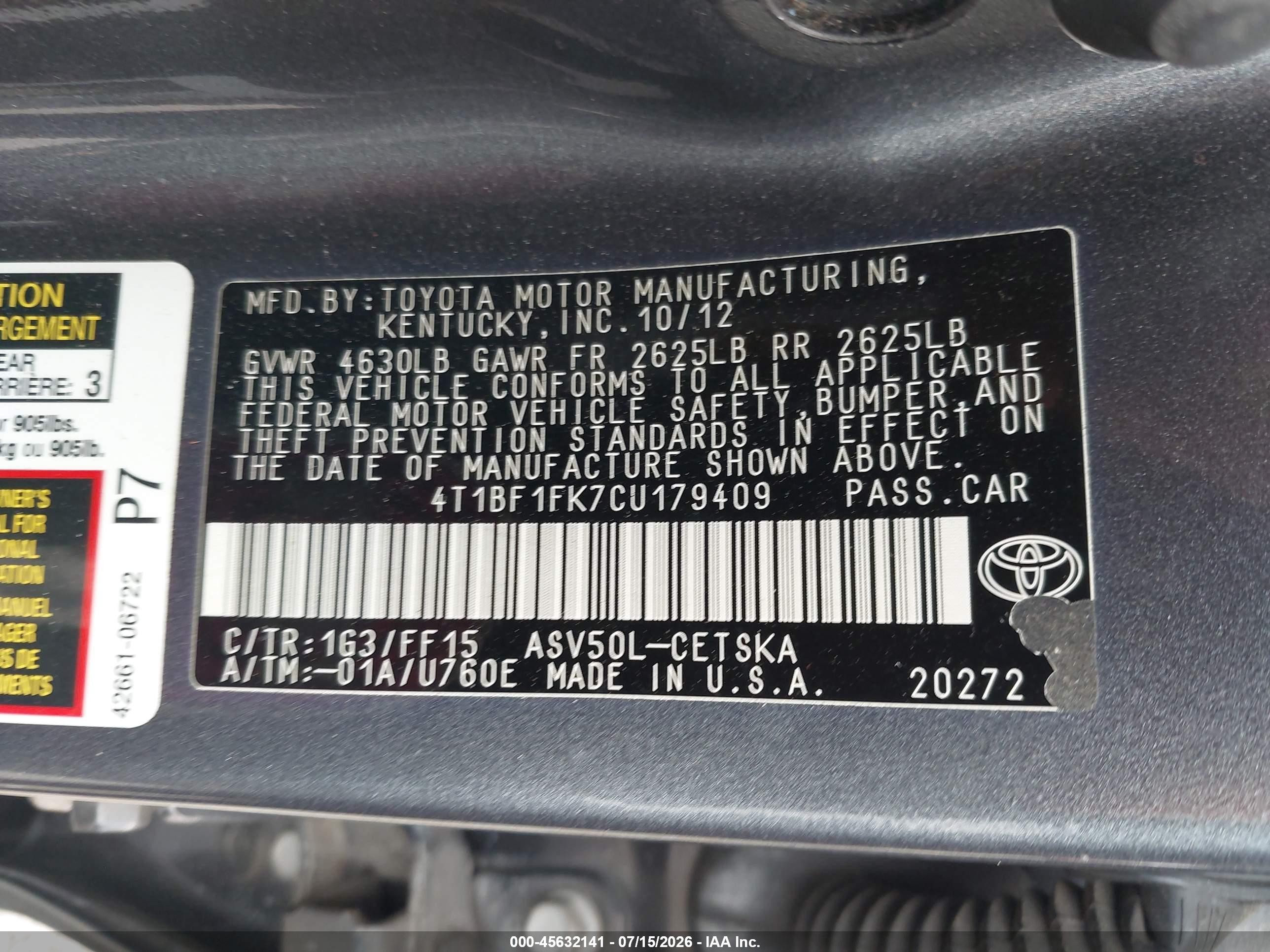 2012 Toyota Camry Se Gray vin: 4T1BF1FK7CU179409