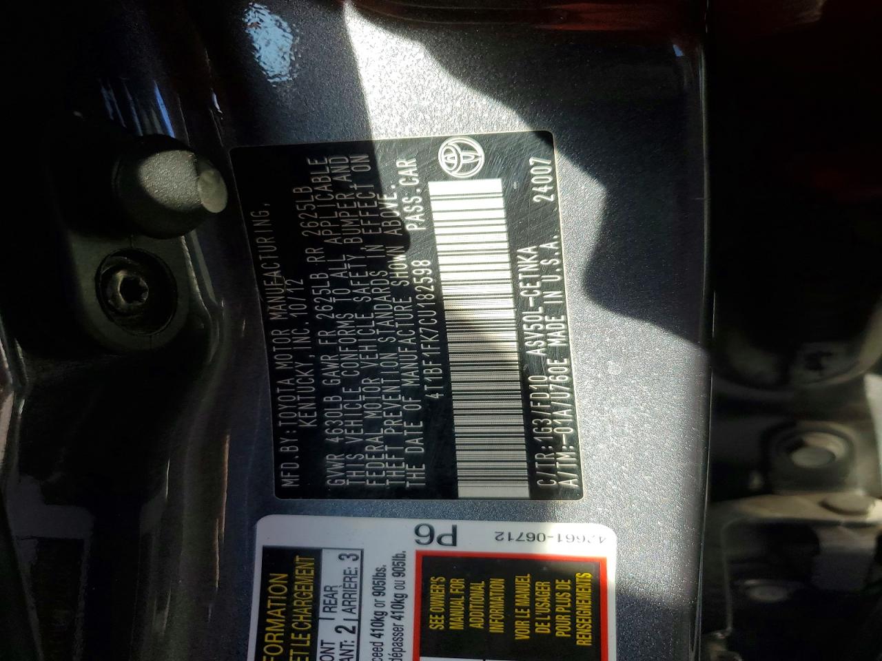 2012 Toyota Camry Base Gray vin: 4T1BF1FK7CU182598