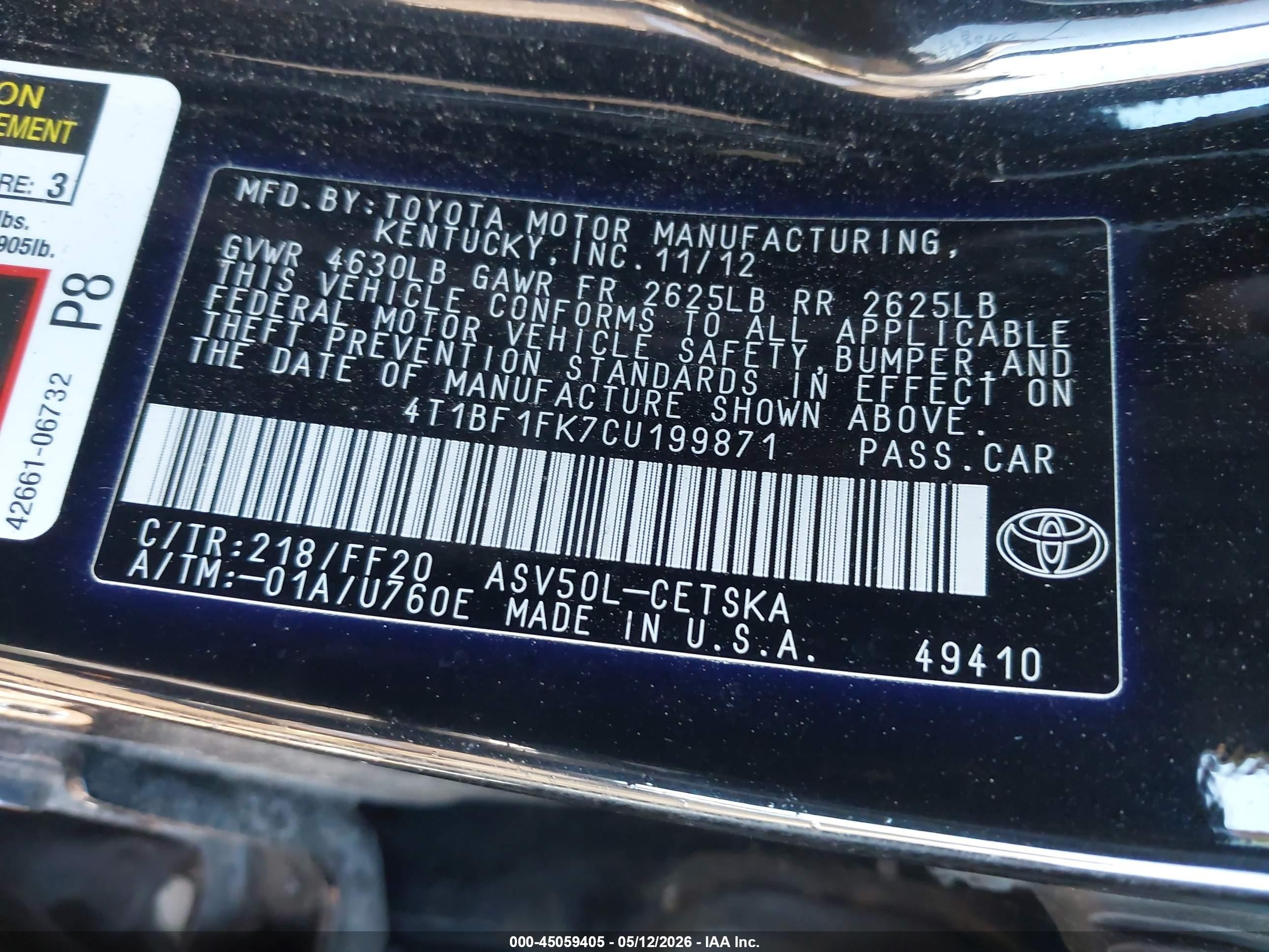 2012 Toyota Camry Se Limited Edition Черный vin: 4T1BF1FK7CU199871