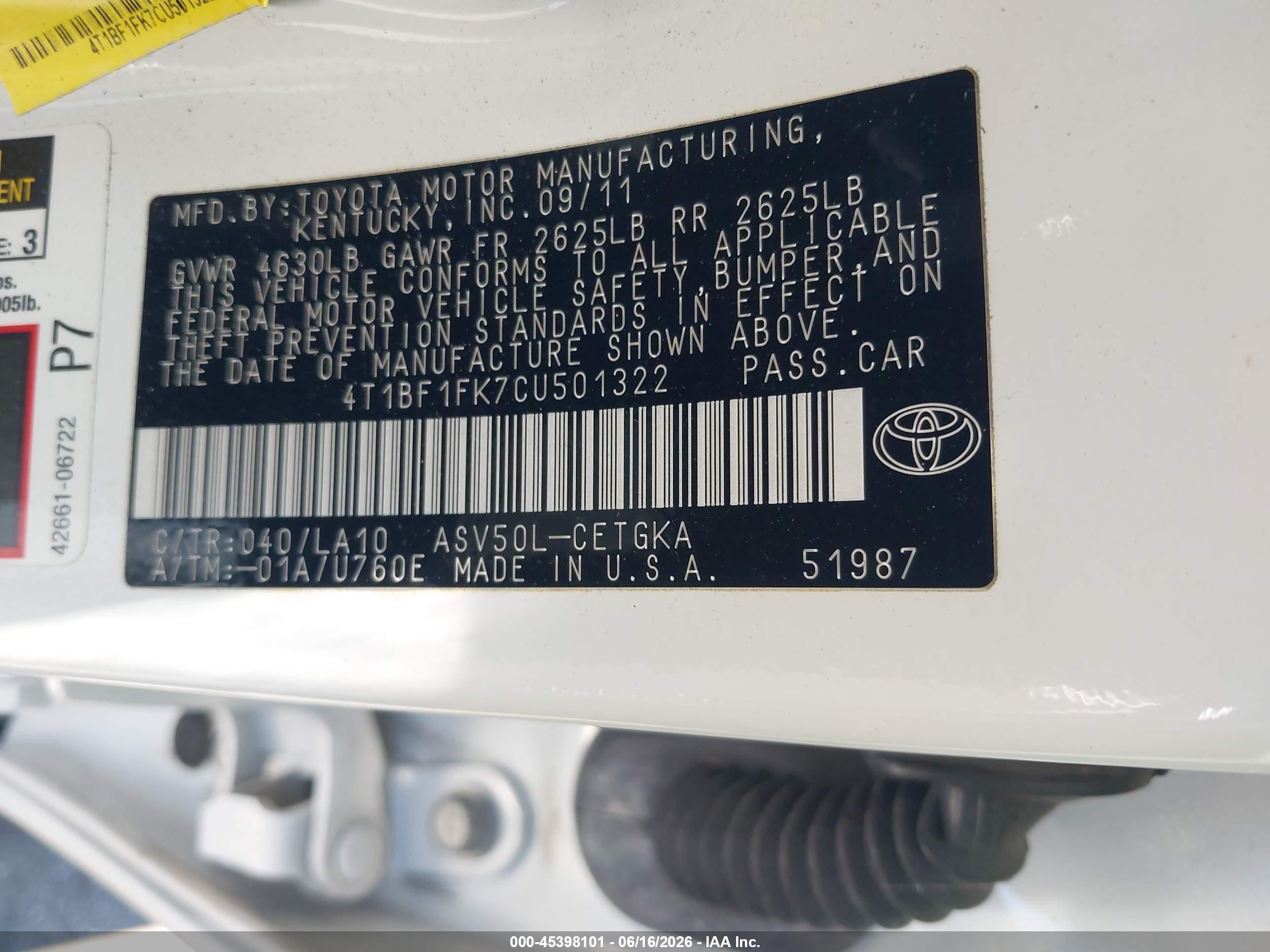 2012 Toyota Camry Xle Белый vin: 4T1BF1FK7CU501322