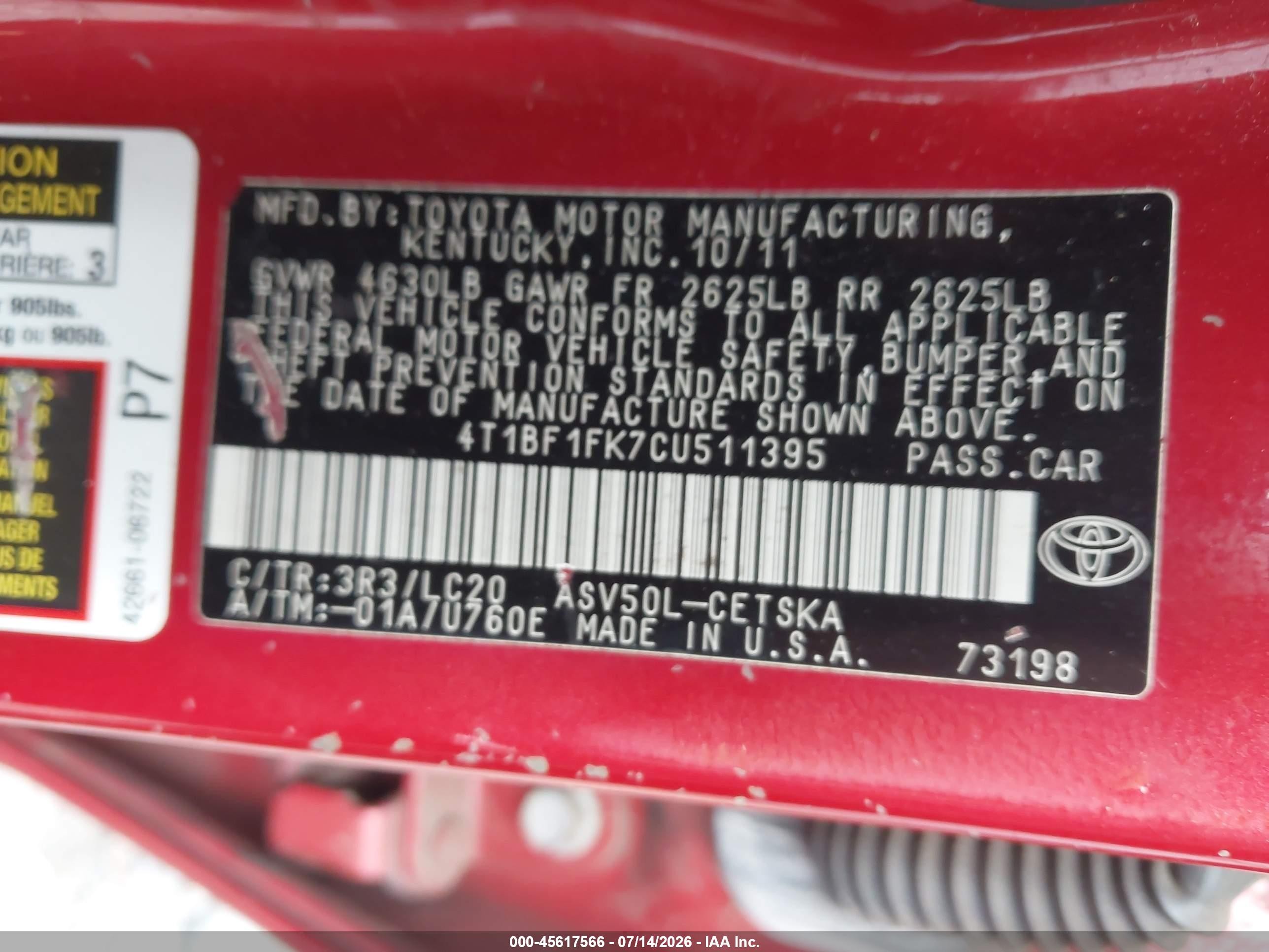 2012 Toyota Camry Se Red vin: 4T1BF1FK7CU511395