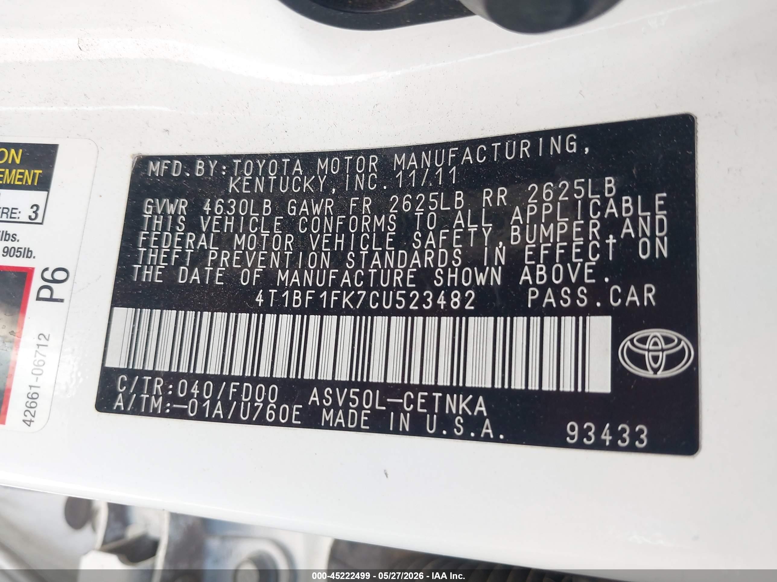 2012 Toyota Camry Le White vin: 4T1BF1FK7CU523482