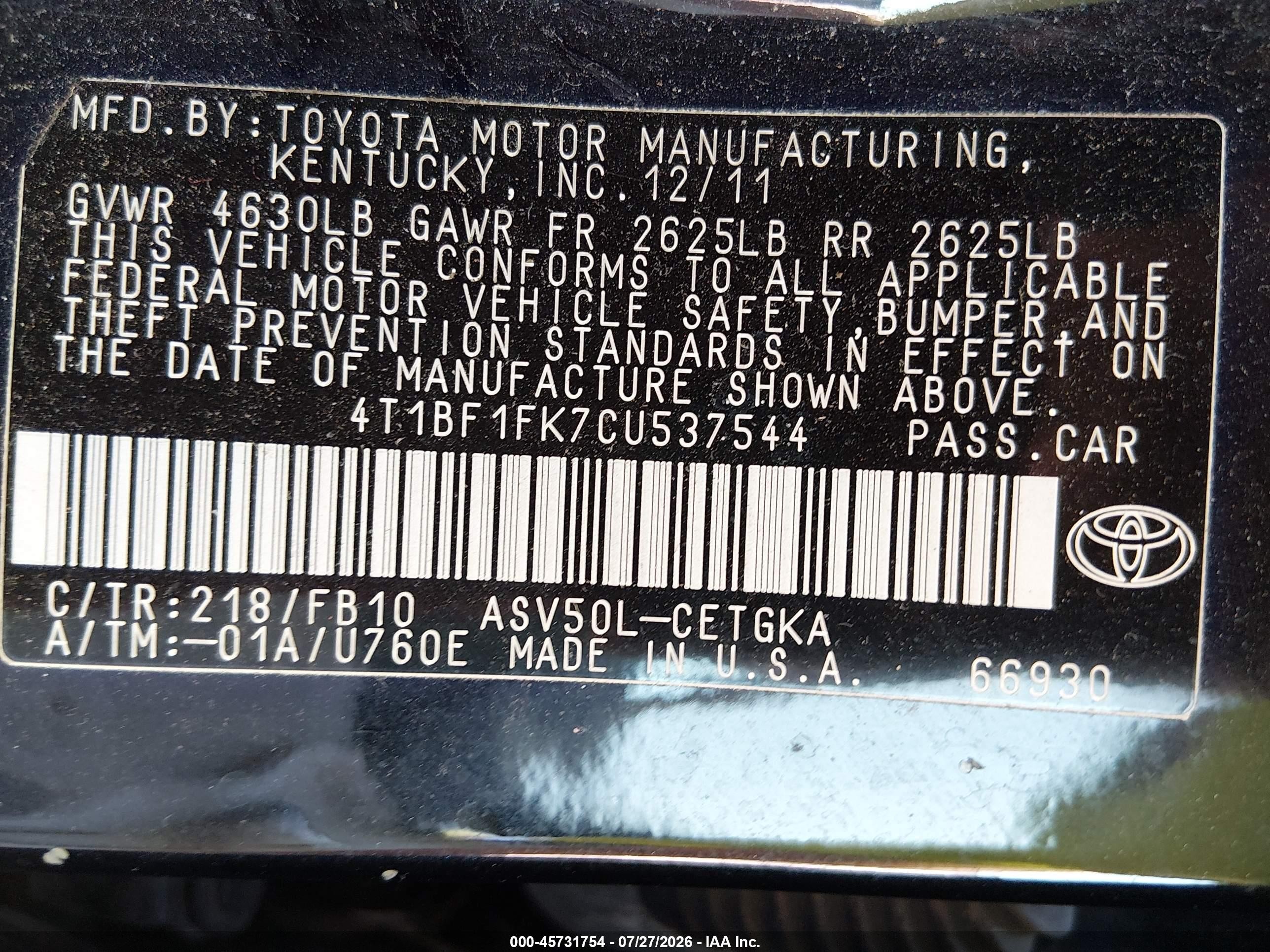 2012 Toyota Camry Xle Black vin: 4T1BF1FK7CU537544