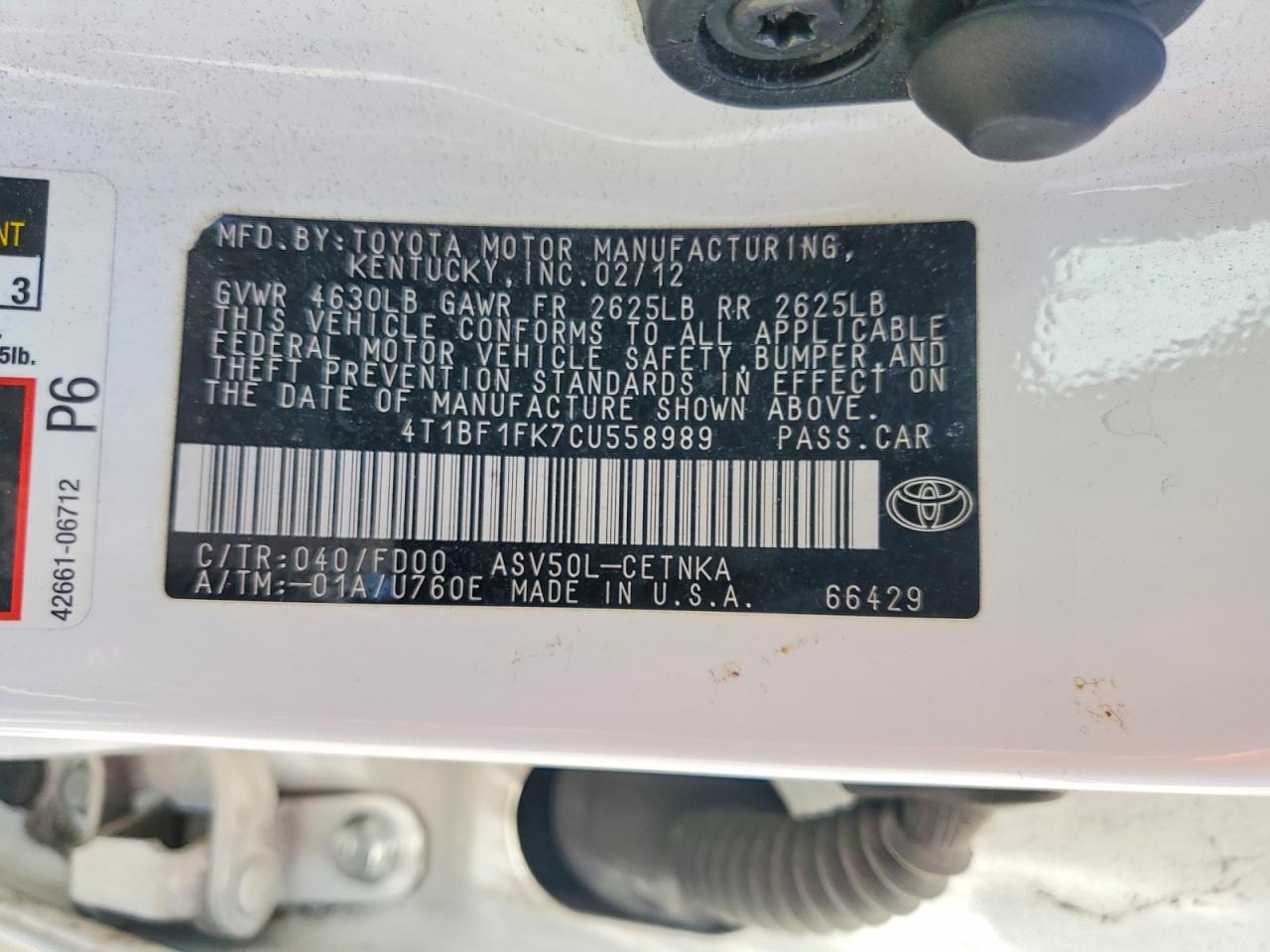 2012 Toyota Camry Le White vin: 4T1BF1FK7CU558989