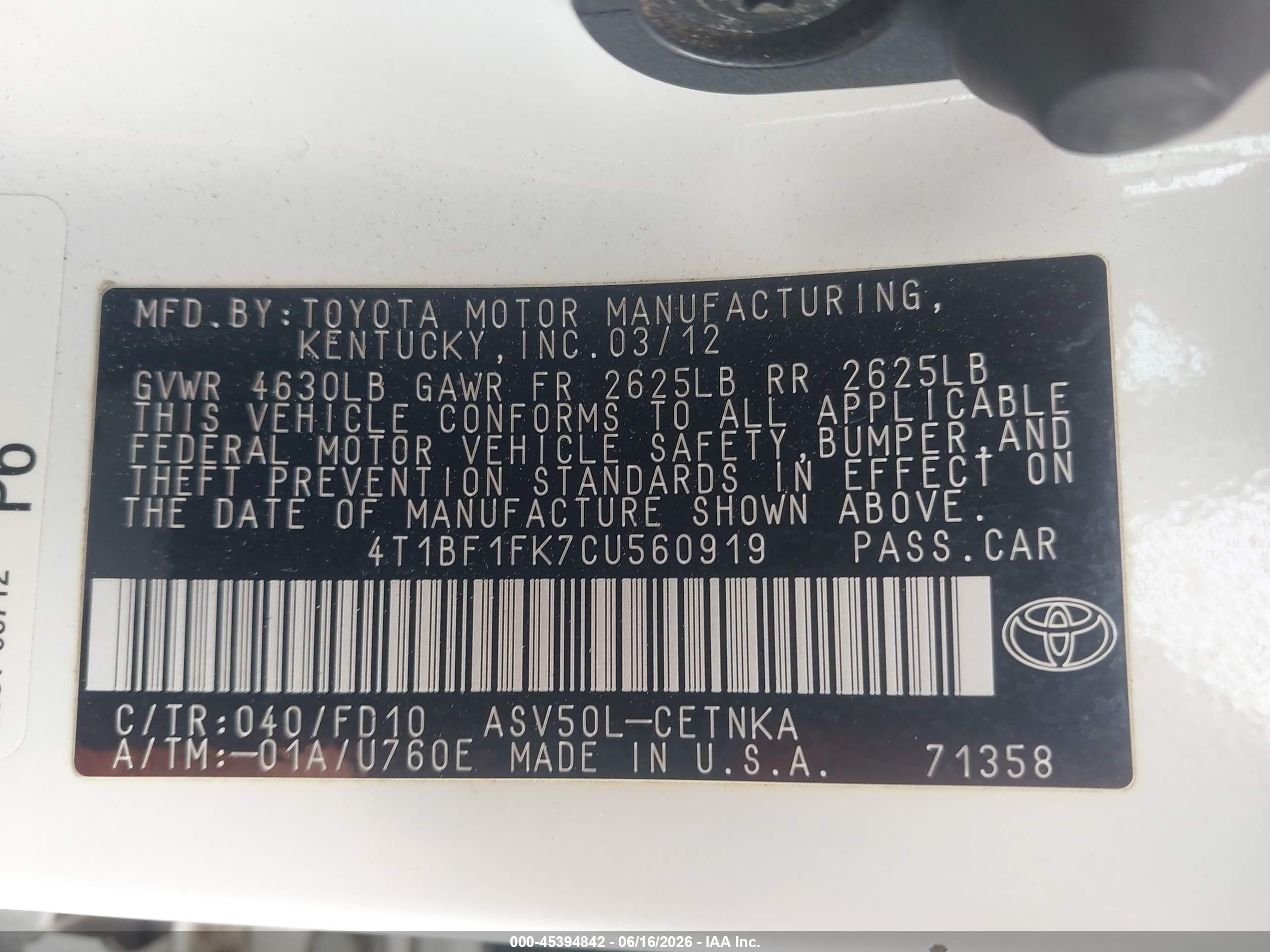 2012 Toyota Camry Le White vin: 4T1BF1FK7CU560919