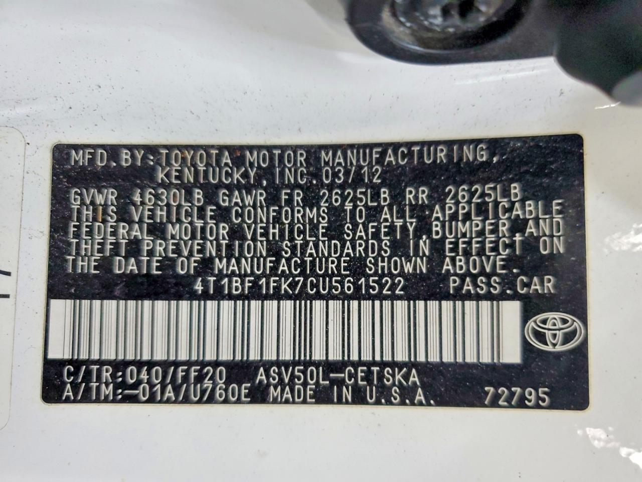 2012 Toyota Camry Se White vin: 4T1BF1FK7CU561522