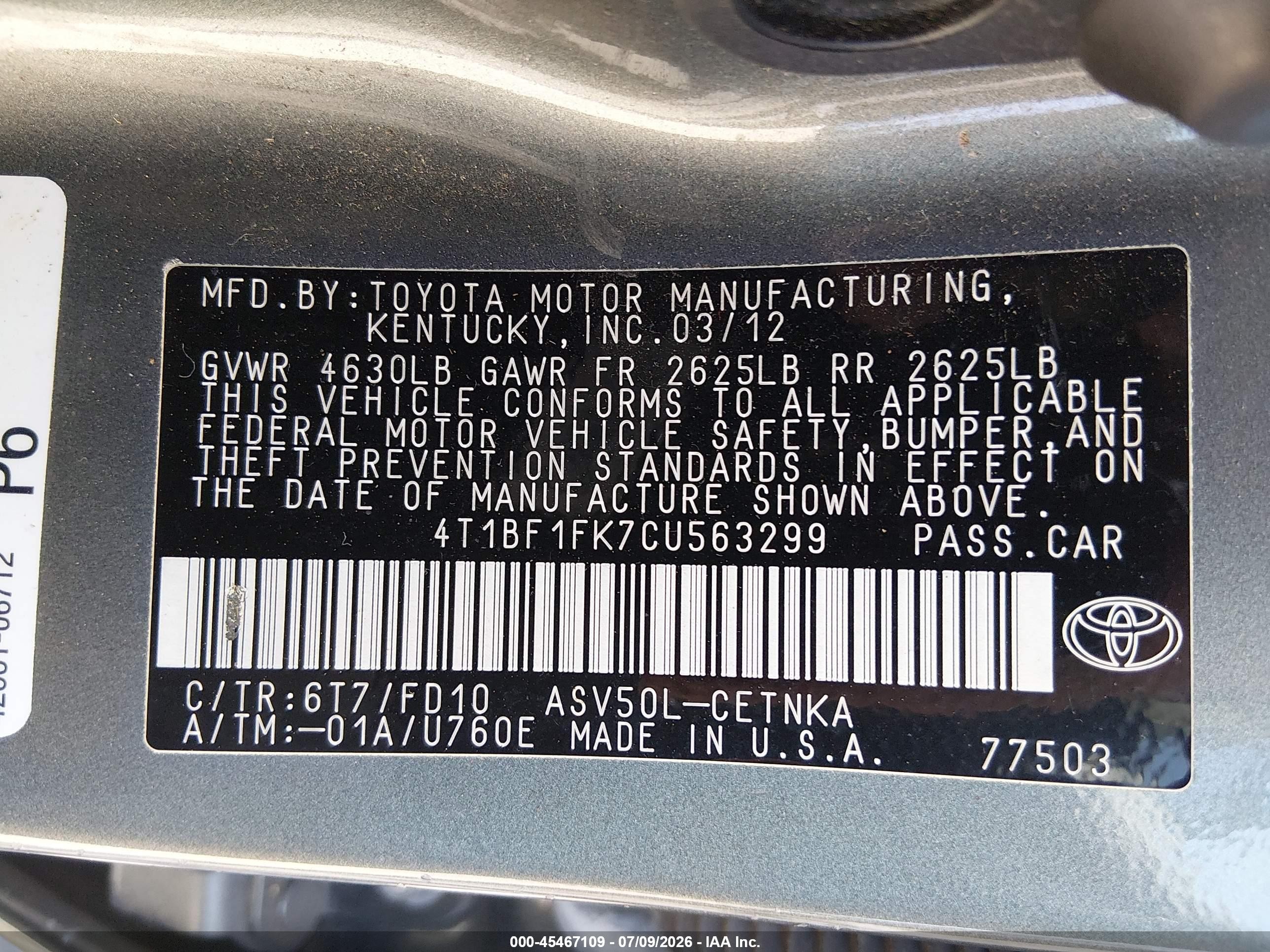 2012 Toyota Camry Le Gray vin: 4T1BF1FK7CU563299