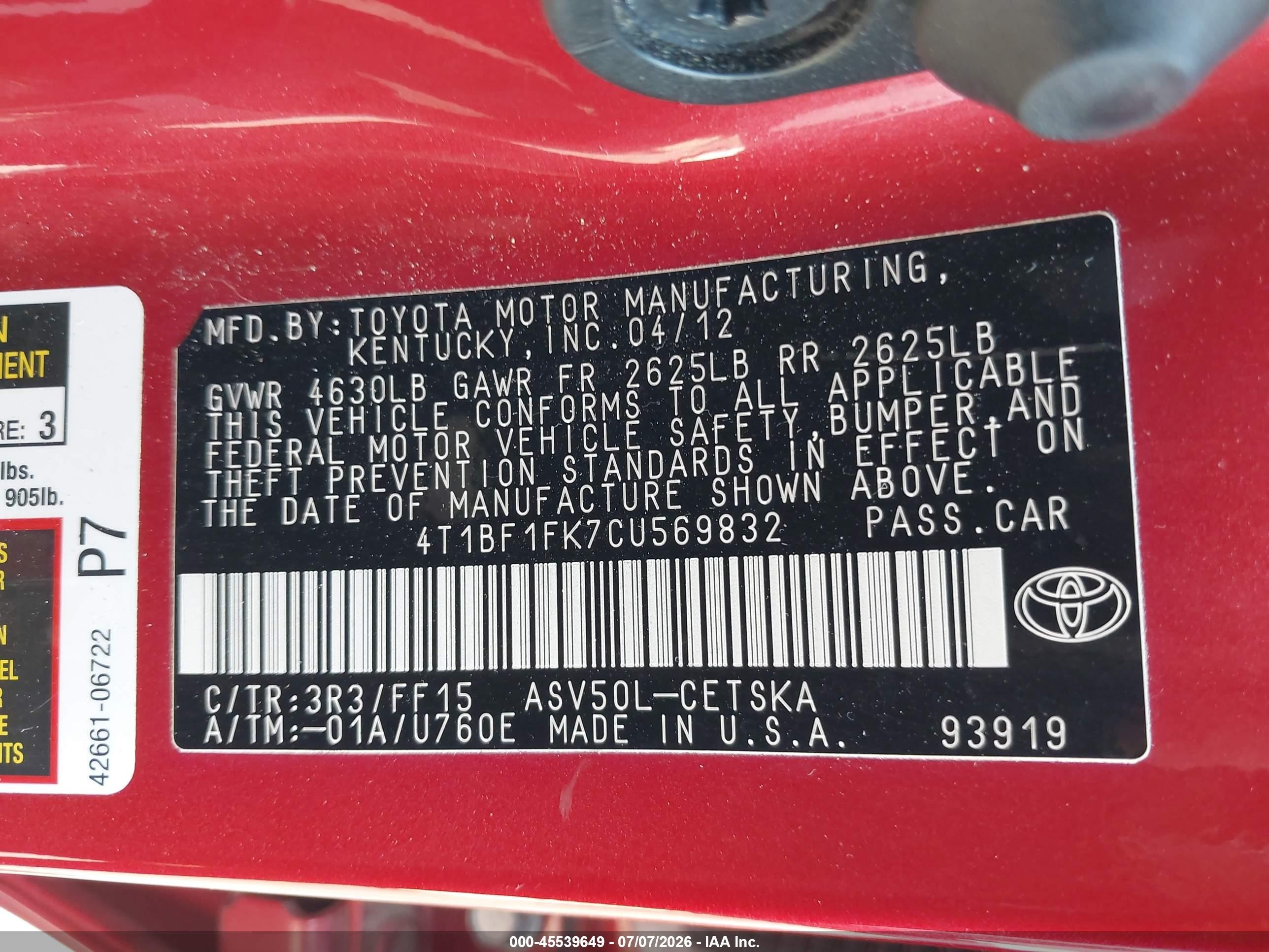 2012 Toyota Camry Se Red vin: 4T1BF1FK7CU569832