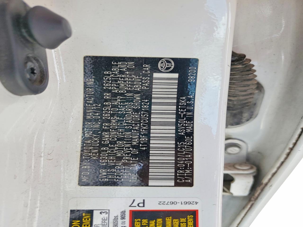 2012 Toyota Camry Se White vin: 4T1BF1FK7CU571824