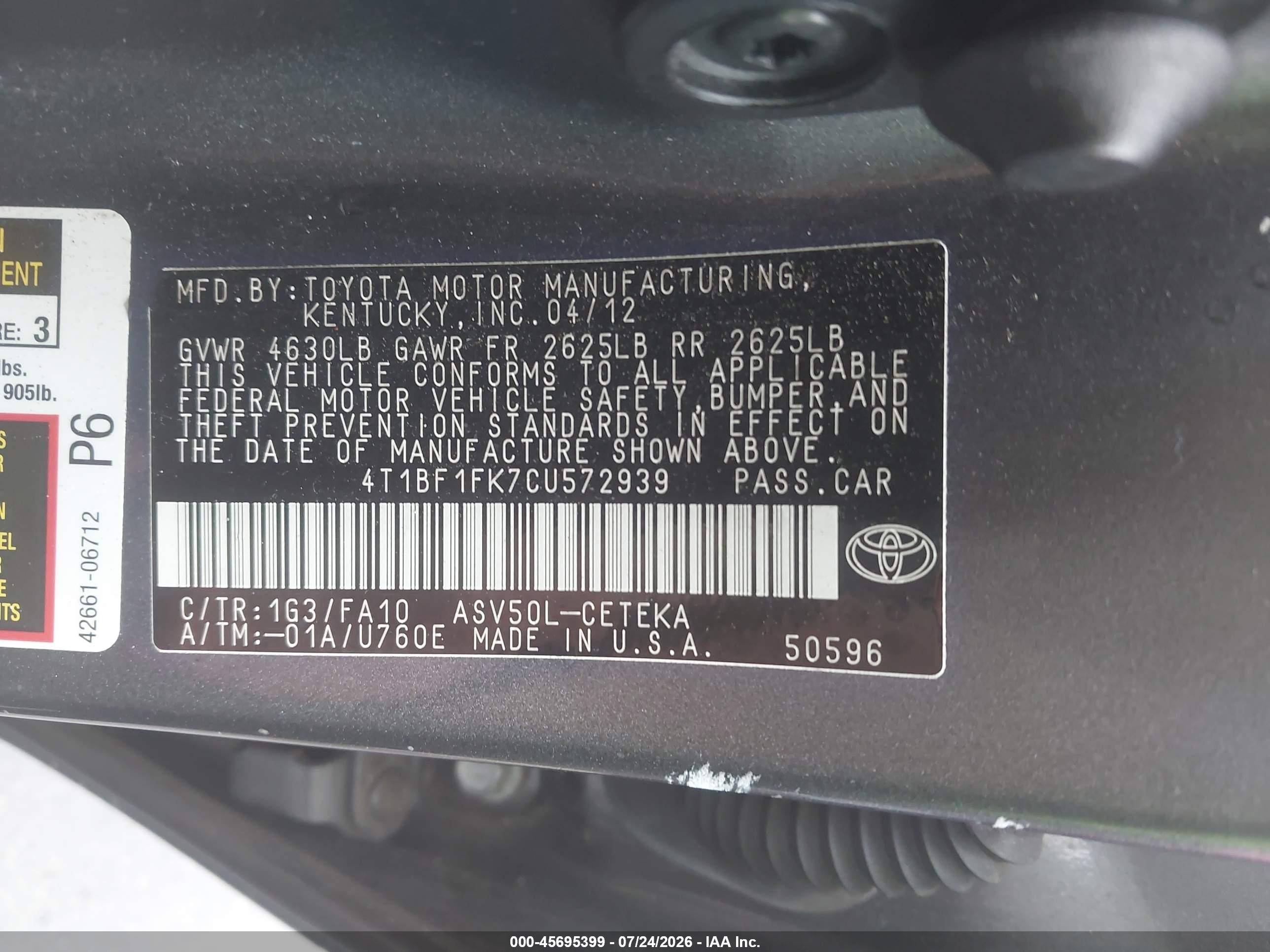 2012 Toyota Camry L Серый vin: 4T1BF1FK7CU572939