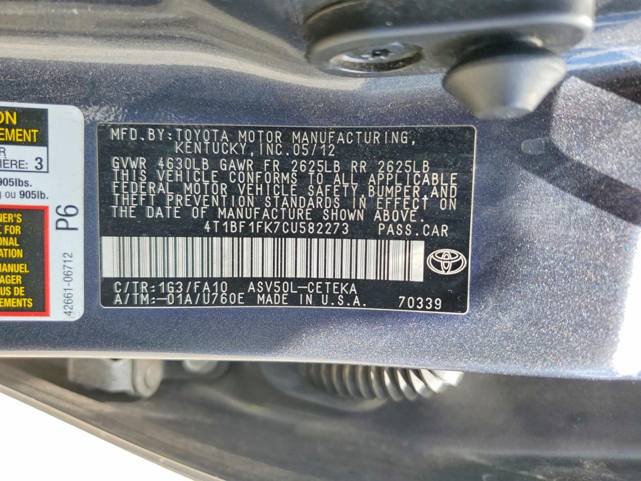 2012 Toyota Camry L Серый vin: 4T1BF1FK7CU582273