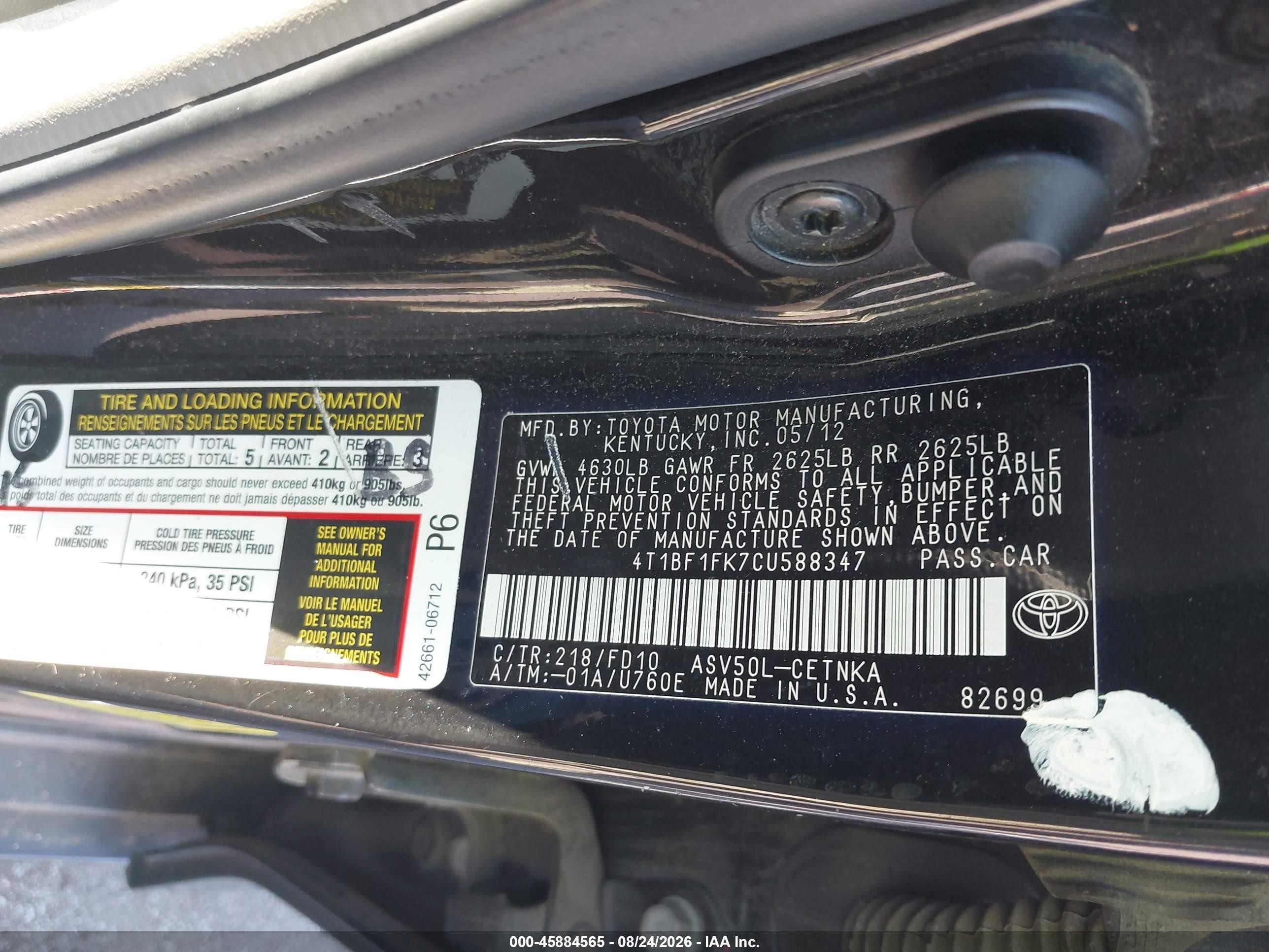 2012 Toyota Camry Le Black vin: 4T1BF1FK7CU588347