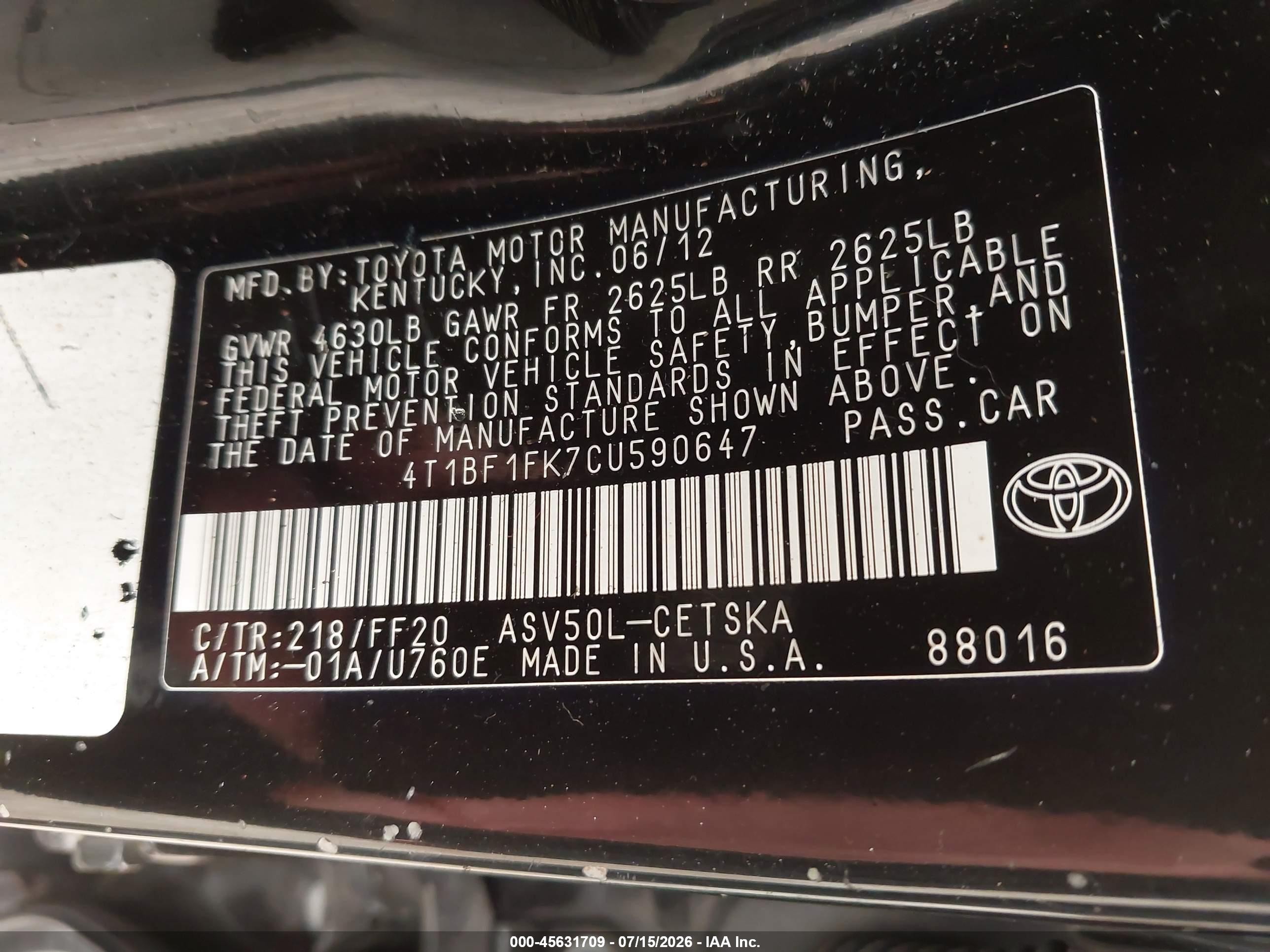 2012 Toyota Camry Se Black vin: 4T1BF1FK7CU590647