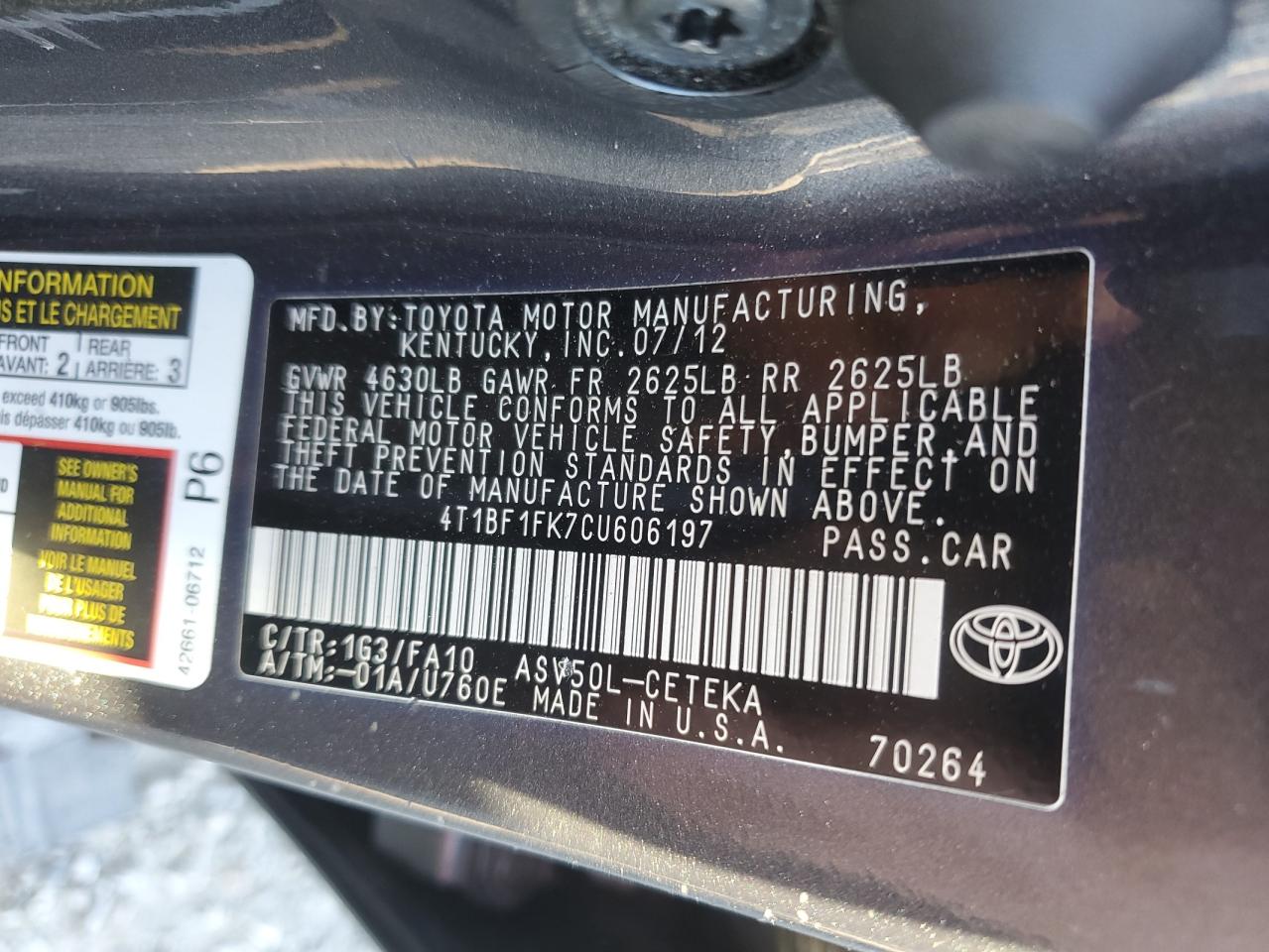 2012 Toyota Camry Gray vin: 4T1BF1FK7CU606197