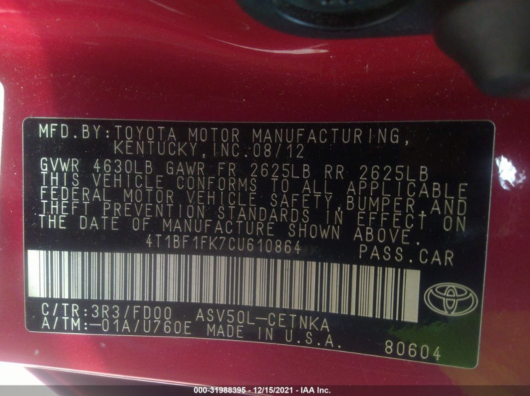 2012 Toyota Camry L/le/se/xle Red vin: 4T1BF1FK7CU610864