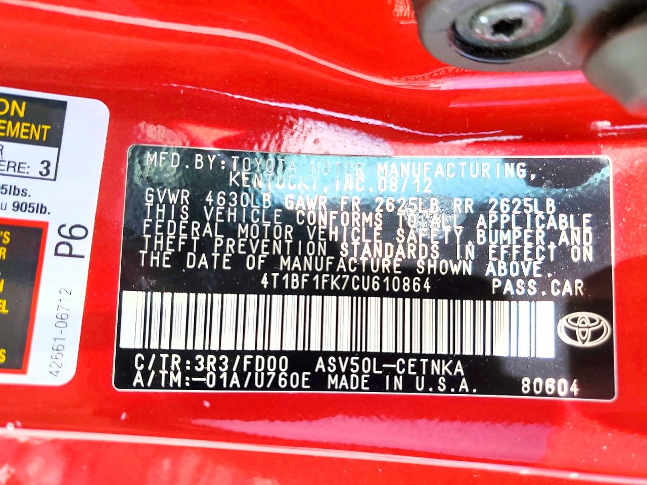 2012 Toyota Camry Le Красный vin: 4T1BF1FK7CU610864
