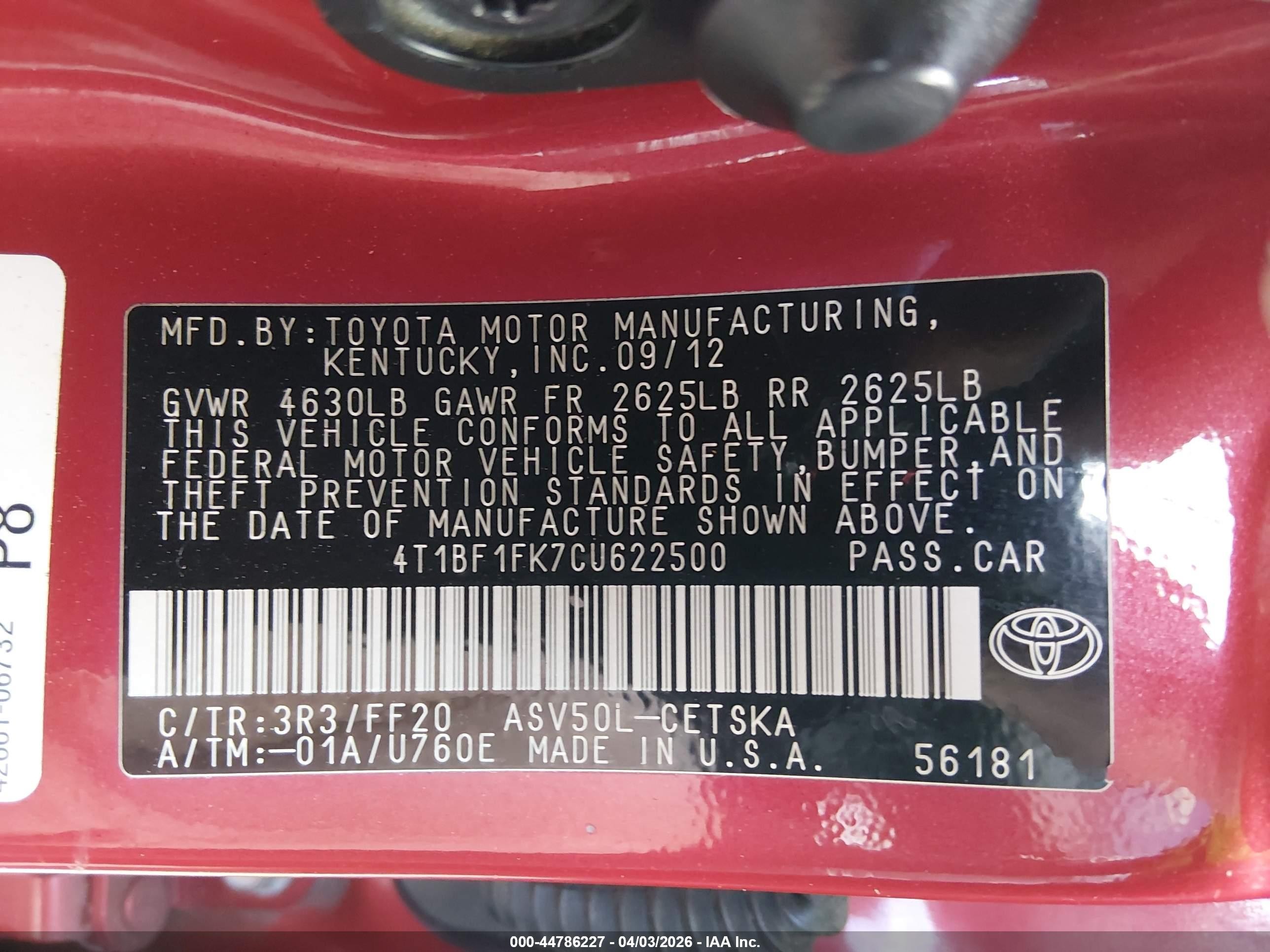 2012 Toyota Camry Se Limited Edition Красный vin: 4T1BF1FK7CU622500