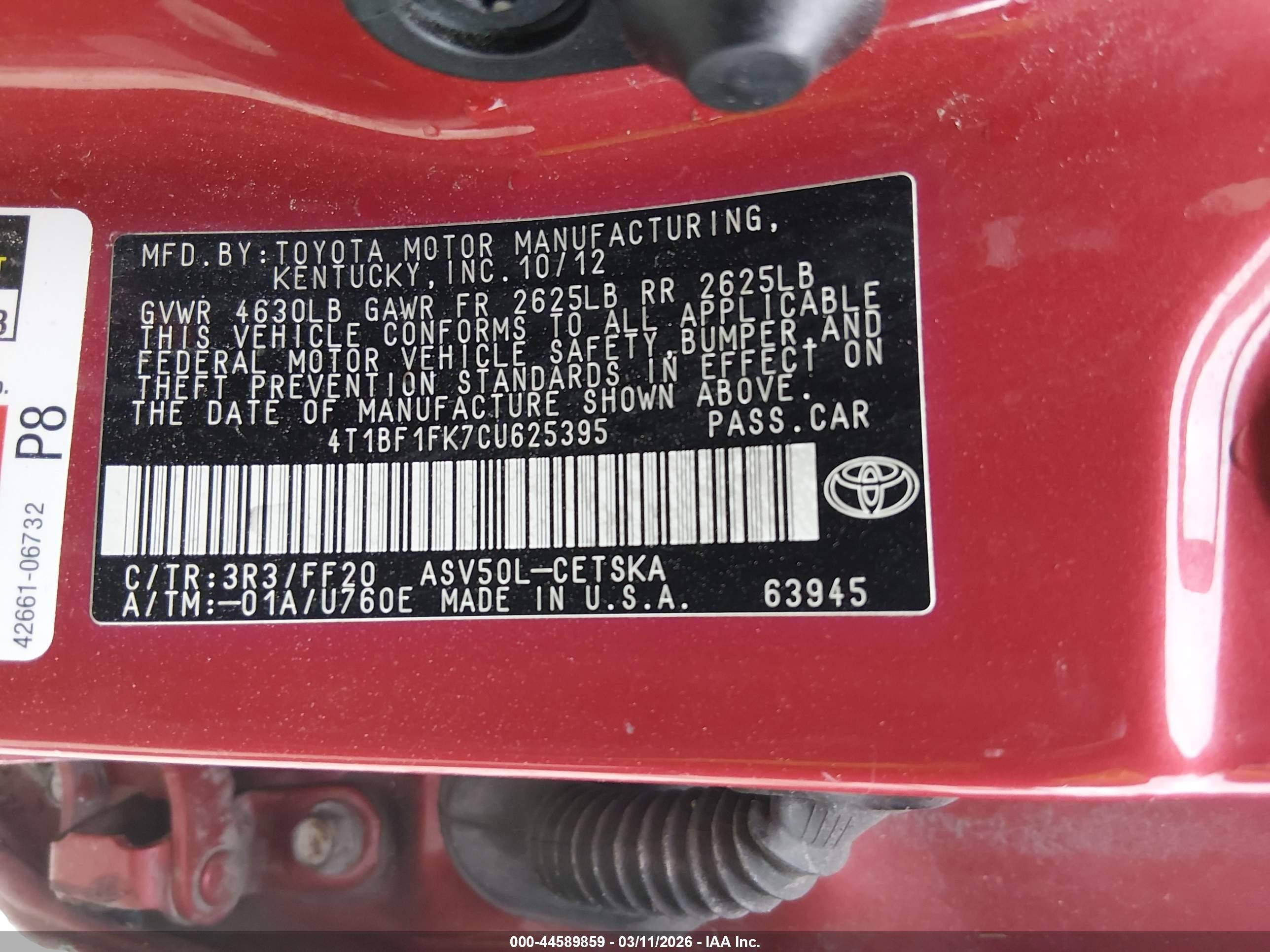 2012 Toyota Camry Se Limited Edition Red vin: 4T1BF1FK7CU625395