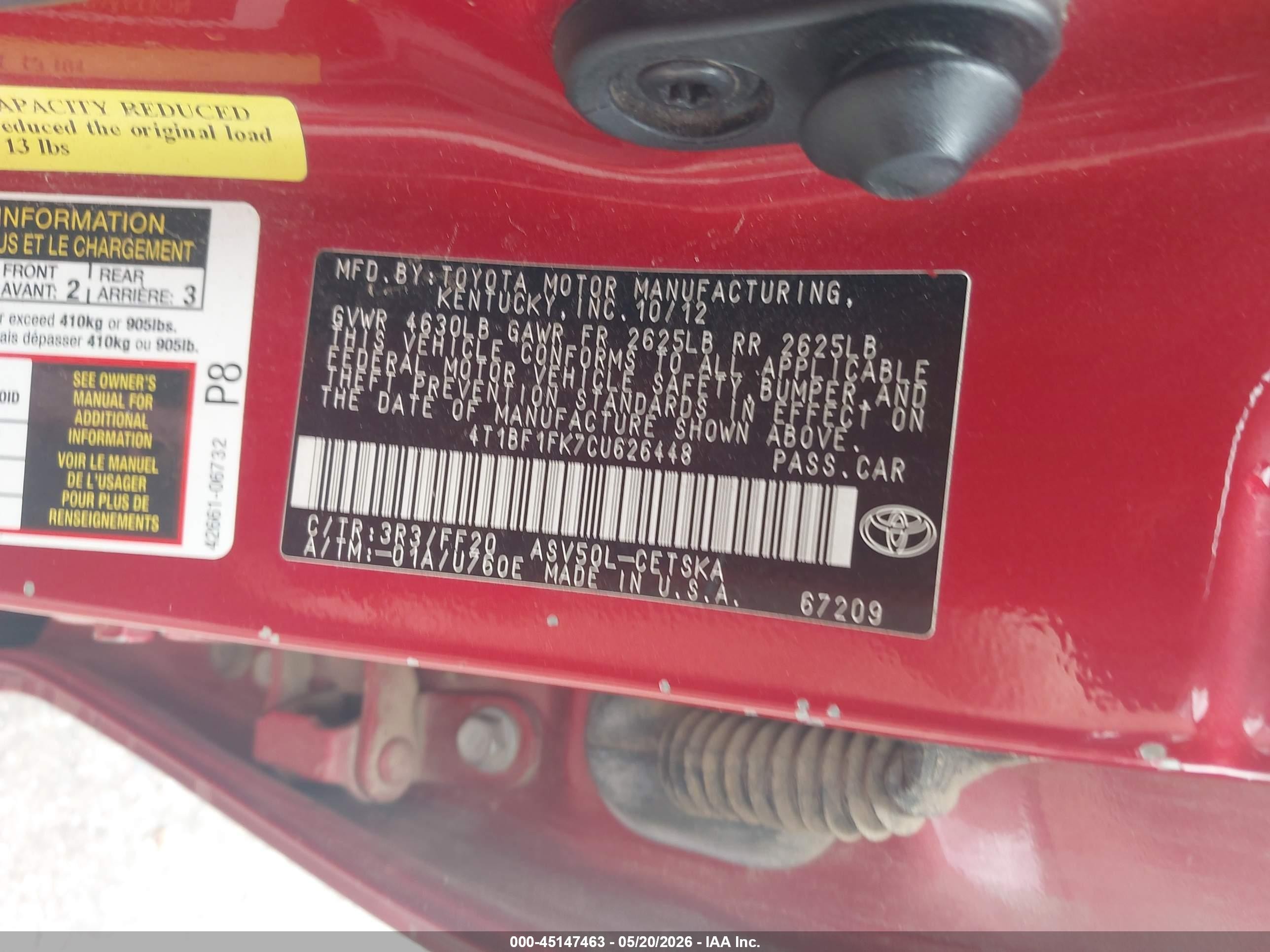 2012 Toyota Camry Se Limited Edition Red vin: 4T1BF1FK7CU626448