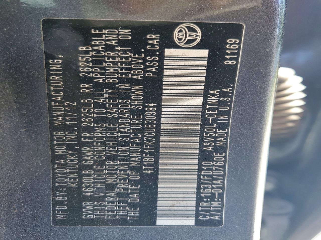 2012 Toyota Camry Le Серый vin: 4T1BF1FK7CU630984