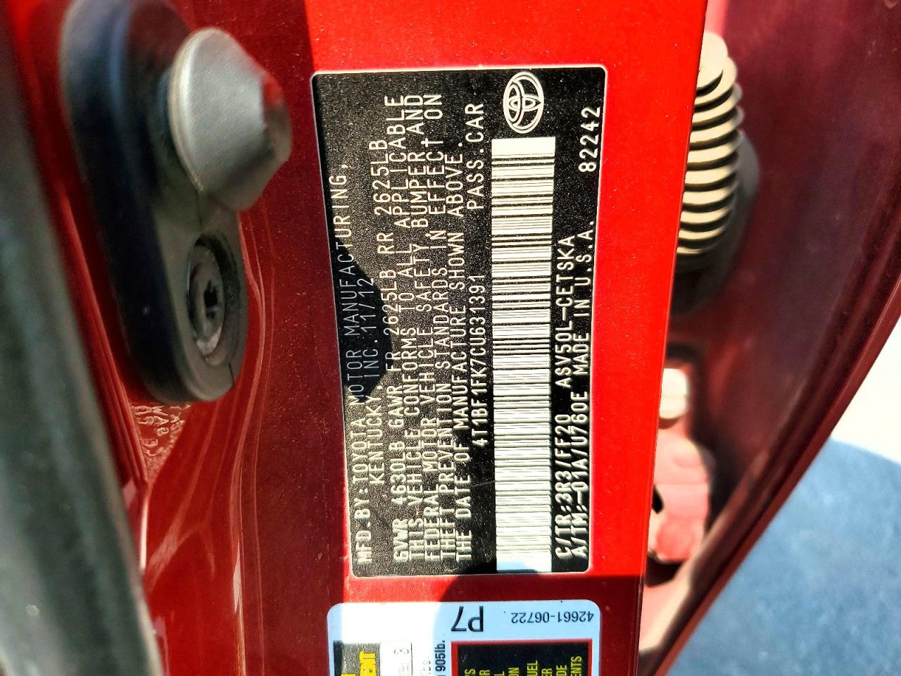 2012 Toyota Camry Se Red vin: 4T1BF1FK7CU631391