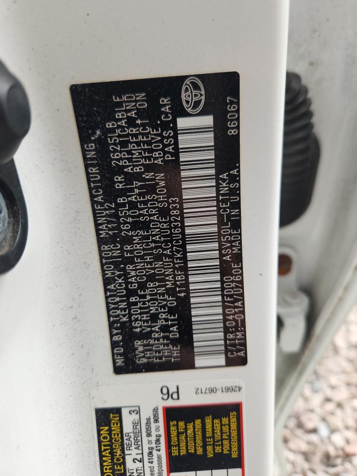 2012 Toyota Camry Le White vin: 4T1BF1FK7CU632833