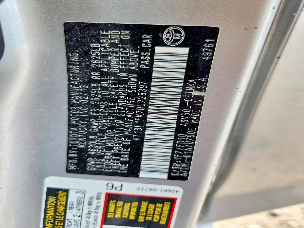 2013 Toyota Camry Le Silver vin: 4T1BF1FK7DU228397