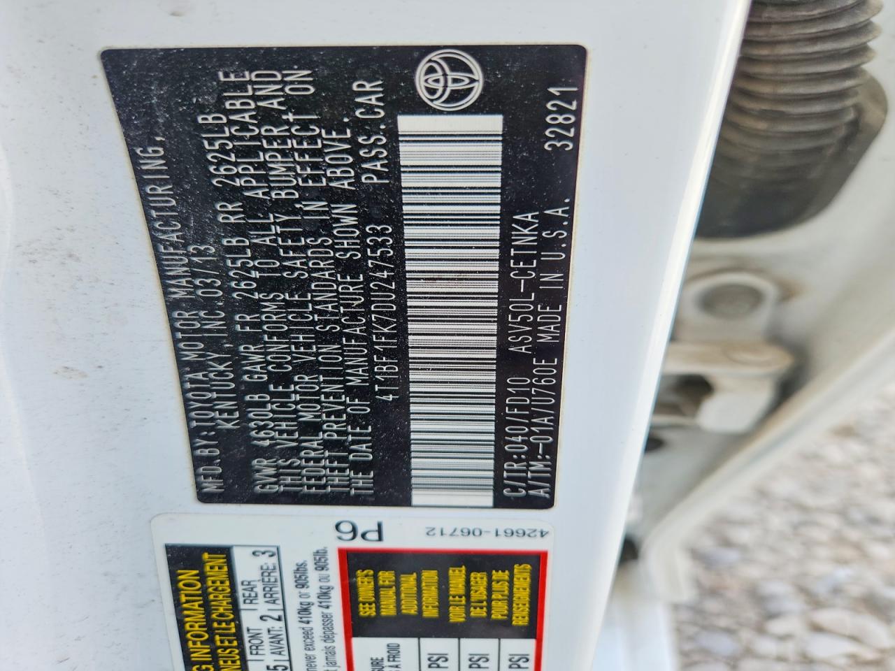 2013 Toyota Camry Le White vin: 4T1BF1FK7DU247533