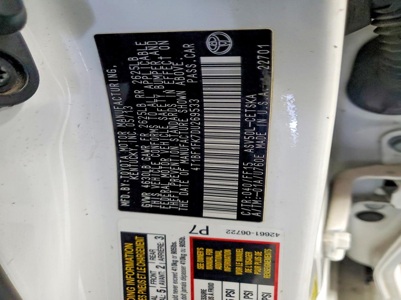 2013 Toyota Camry L White vin: 4T1BF1FK7DU269533