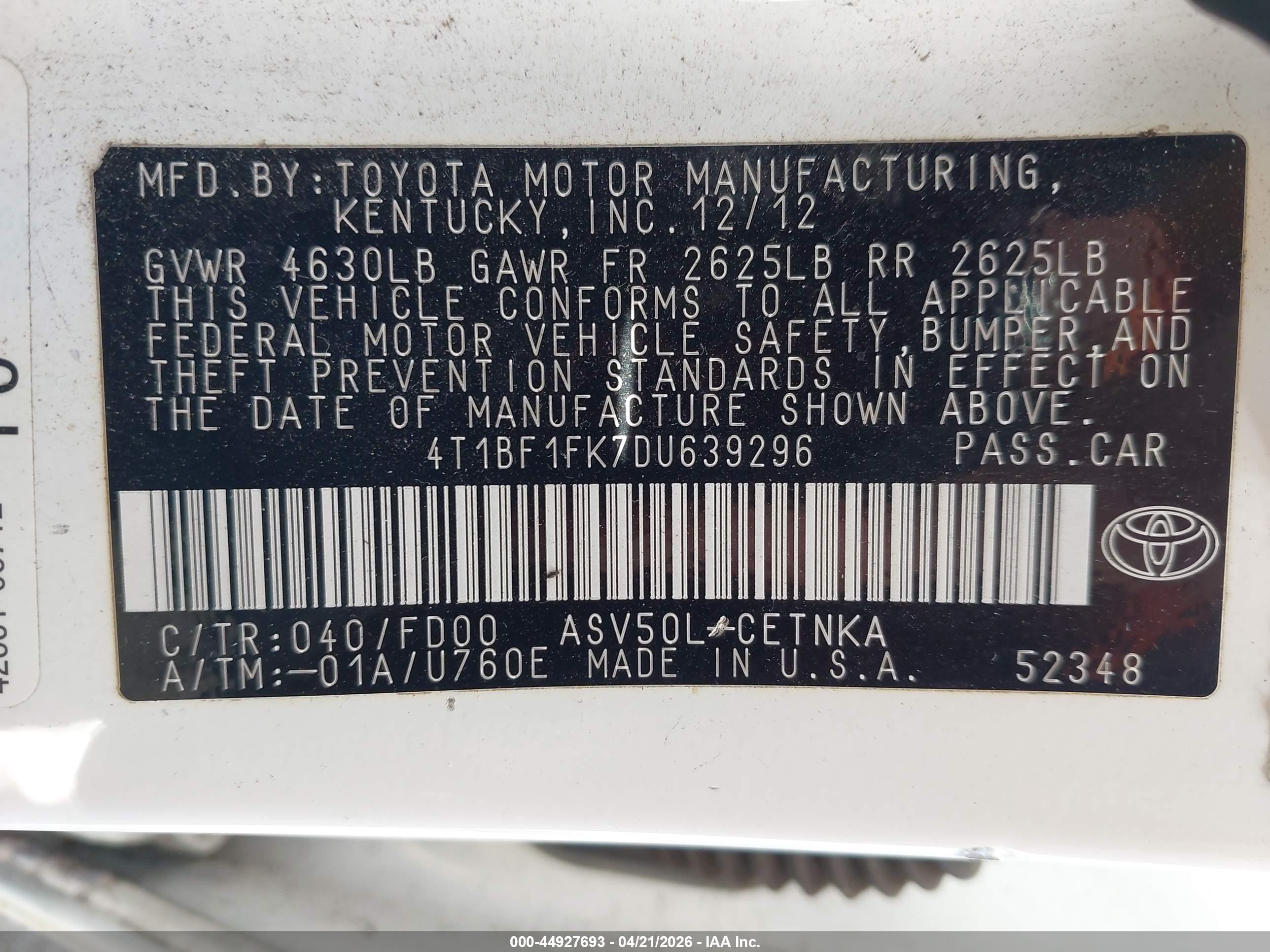 2013 Toyota Camry Le White vin: 4T1BF1FK7DU639296