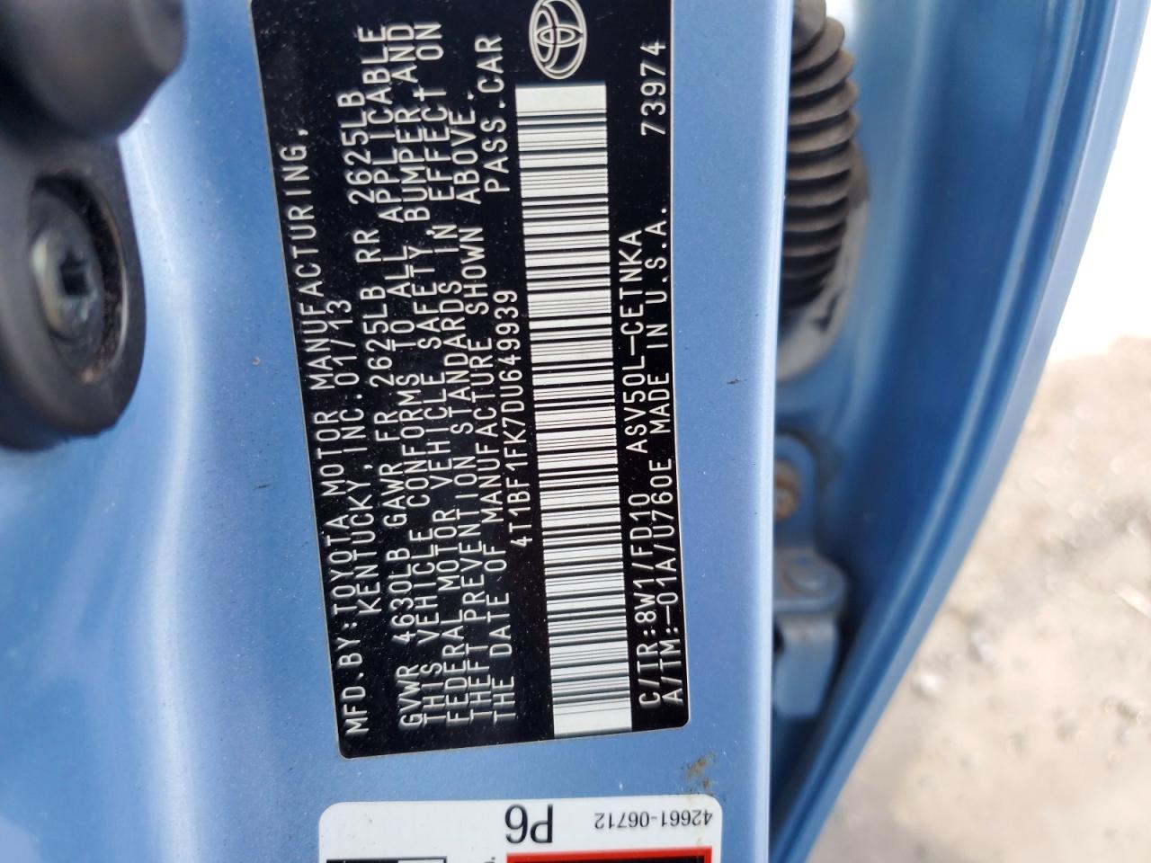 2013 Toyota Camry Le Blue vin: 4T1BF1FK7DU649939