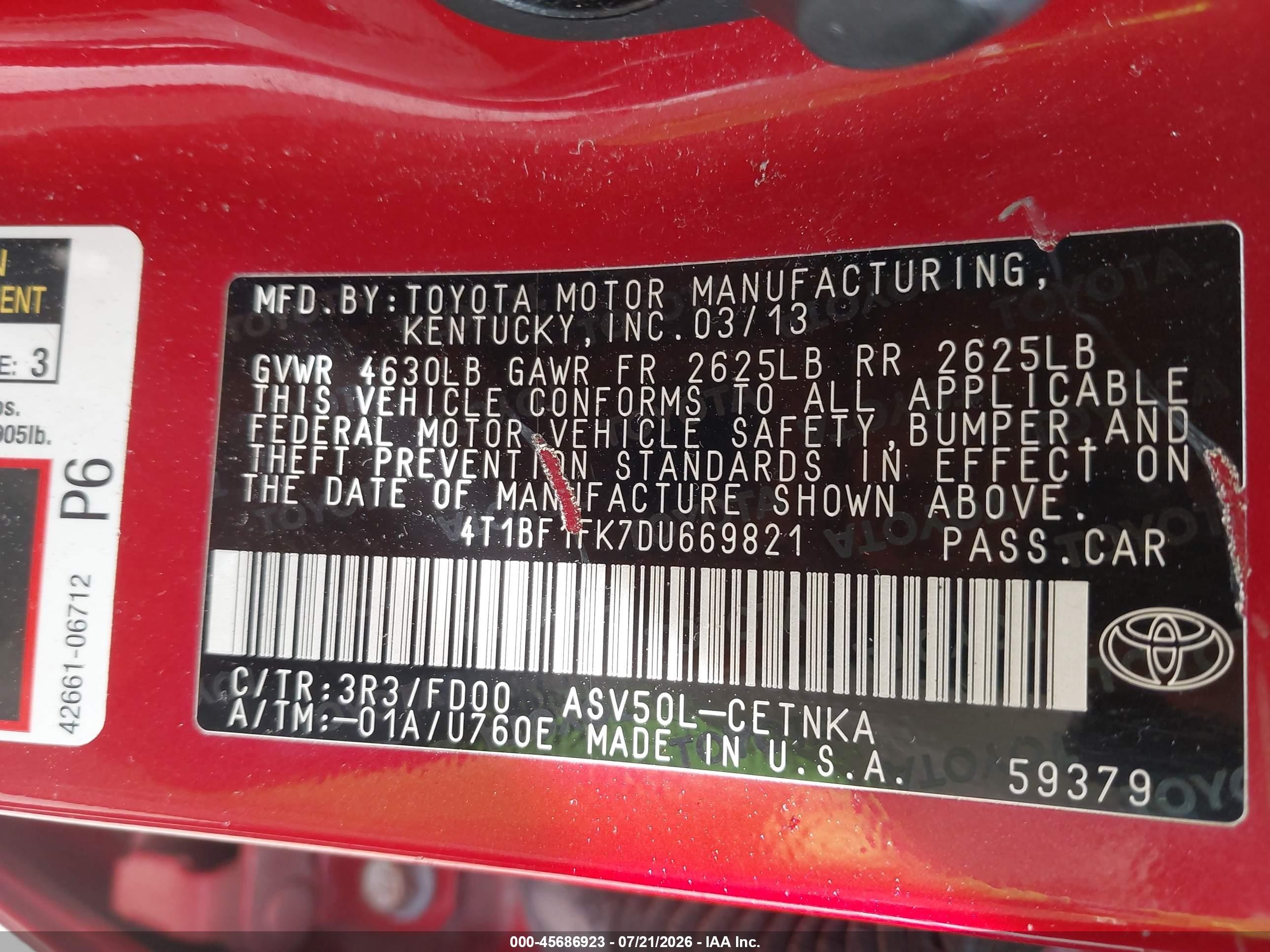 2013 Toyota Camry Le Red vin: 4T1BF1FK7DU669821