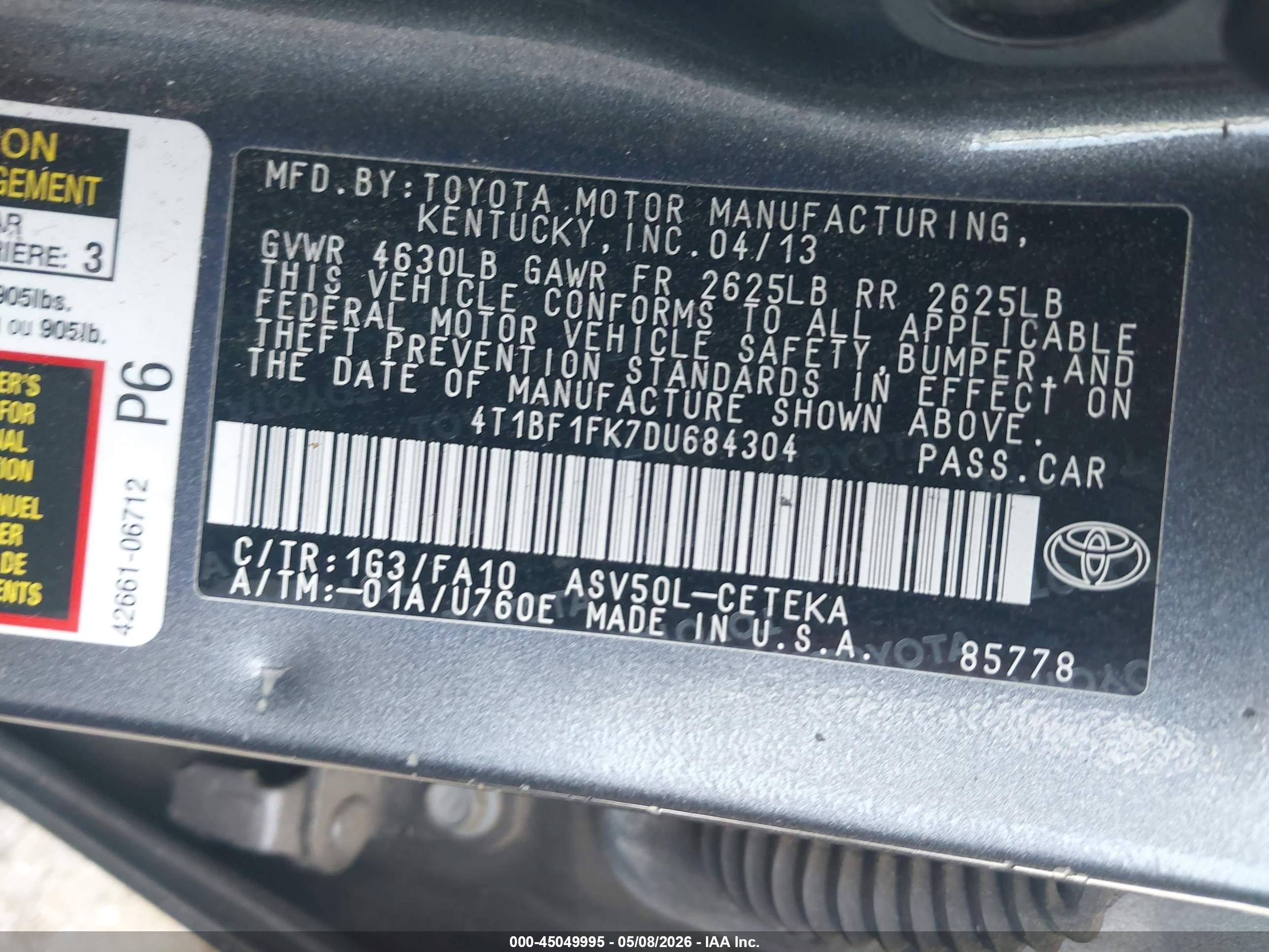 2013 Toyota Camry L vin: 4T1BF1FK7DU684304