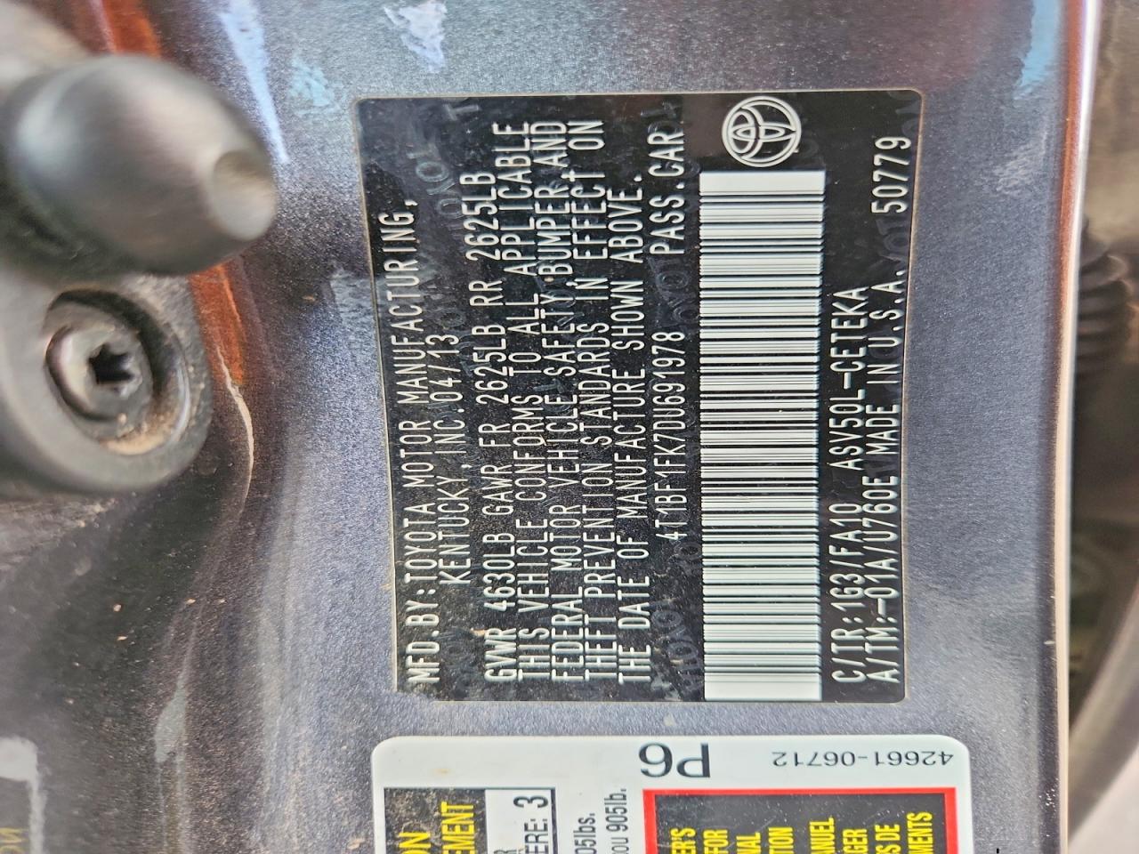 2013 Toyota Camry L Gray vin: 4T1BF1FK7DU691978