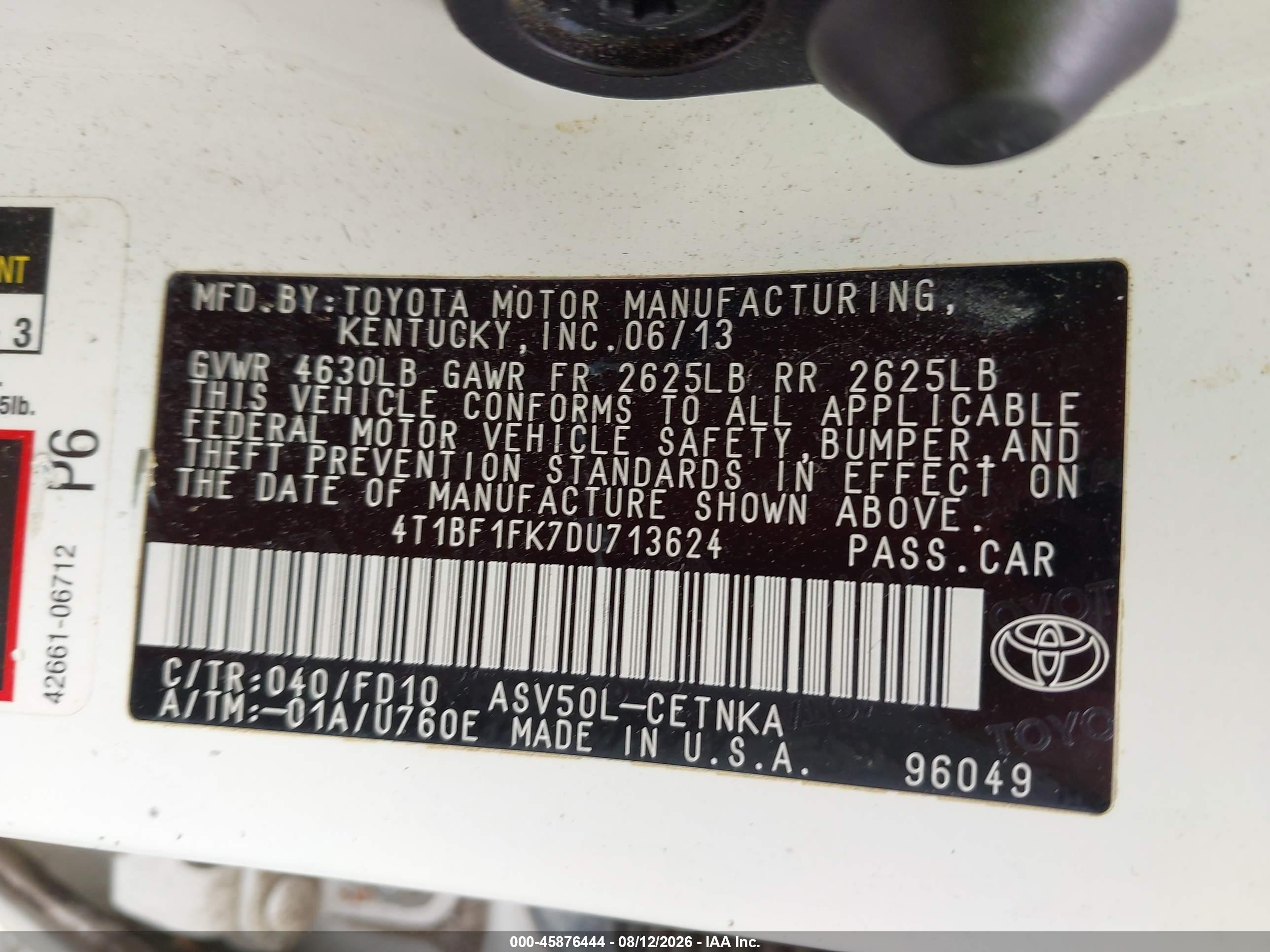 2013 Toyota Camry Le White vin: 4T1BF1FK7DU713624