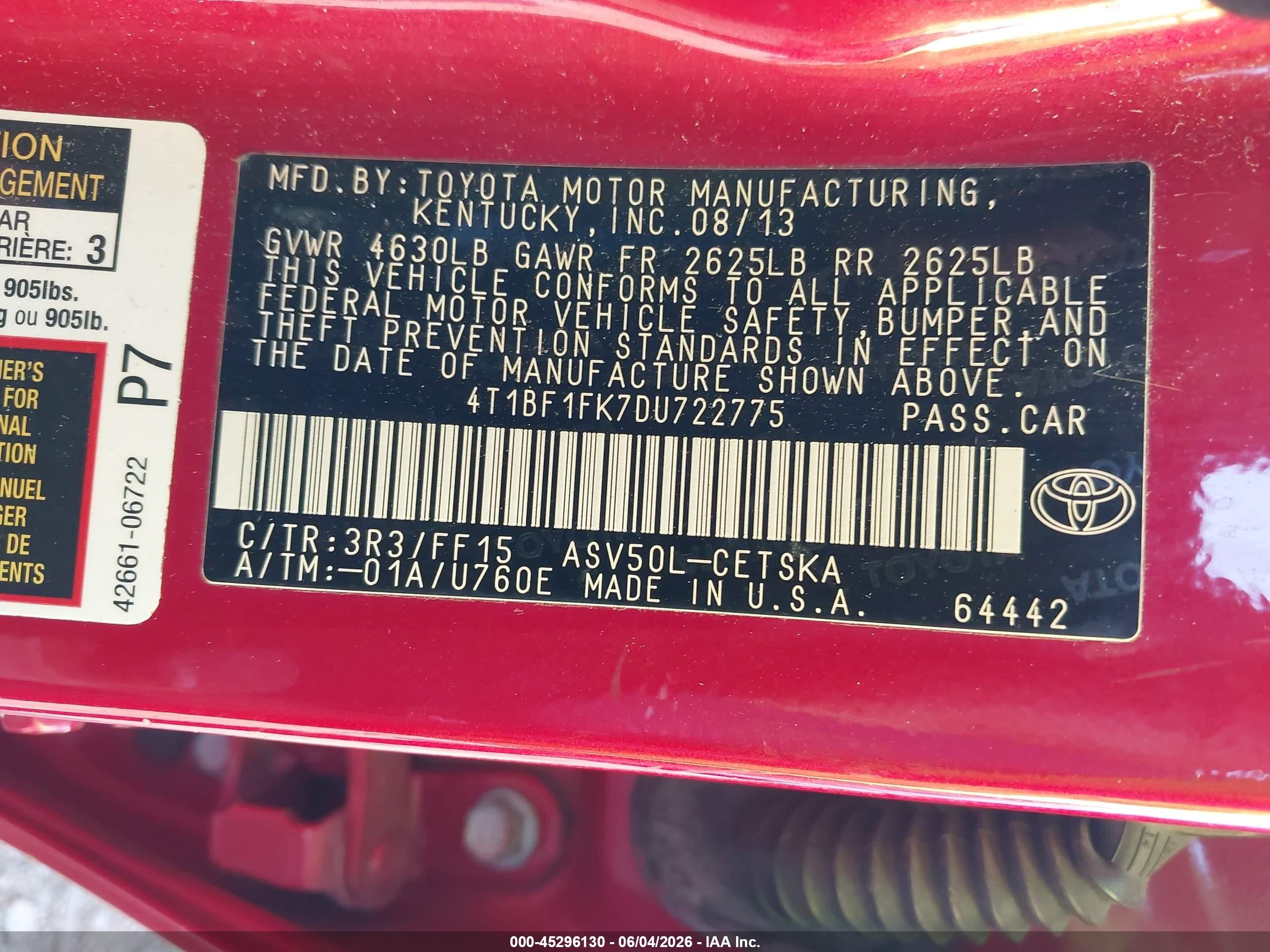 2013 Toyota Camry Se Burgundy vin: 4T1BF1FK7DU722775