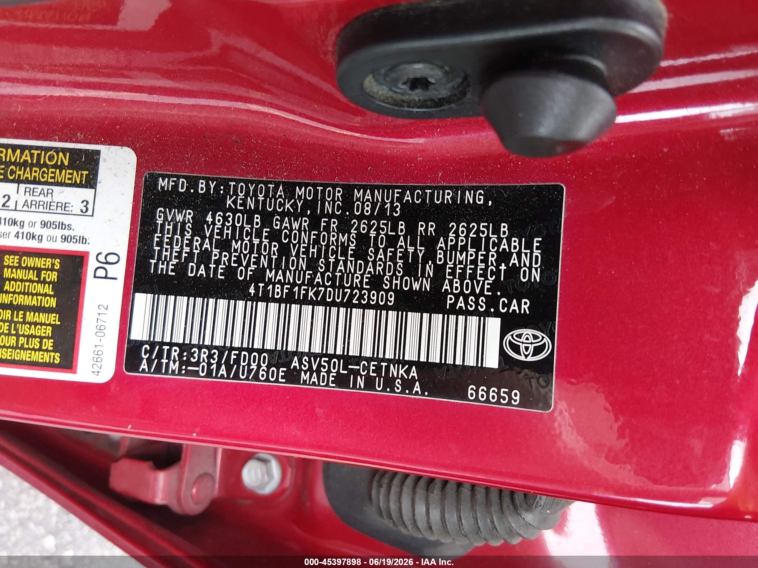 2013 Toyota Camry Le Red vin: 4T1BF1FK7DU723909