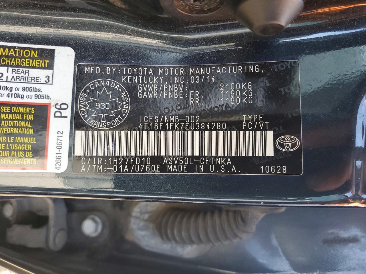 2014 Toyota Camry L Black vin: 4T1BF1FK7EU384280