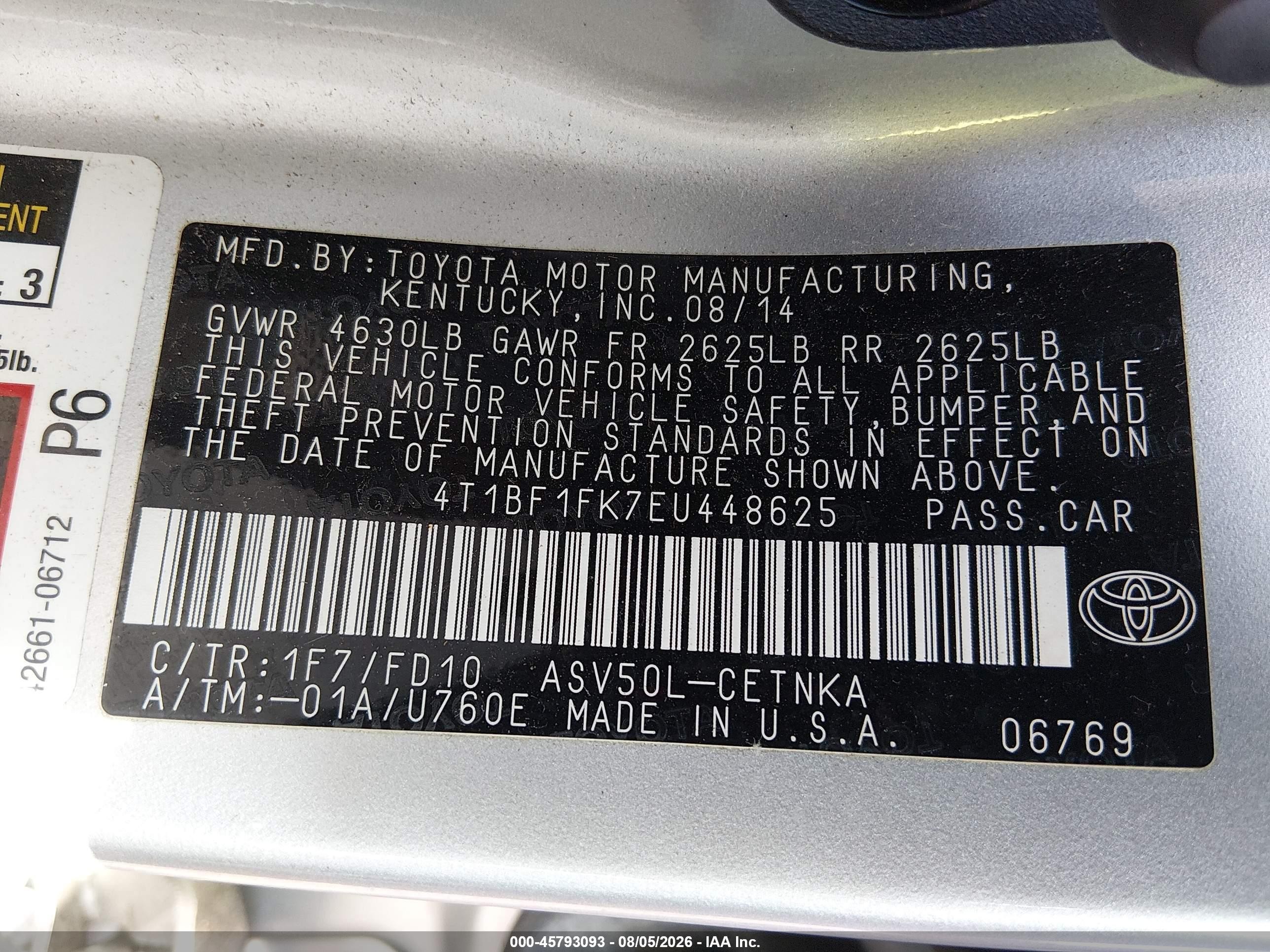 2014 Toyota Camry Le Silver vin: 4T1BF1FK7EU448625