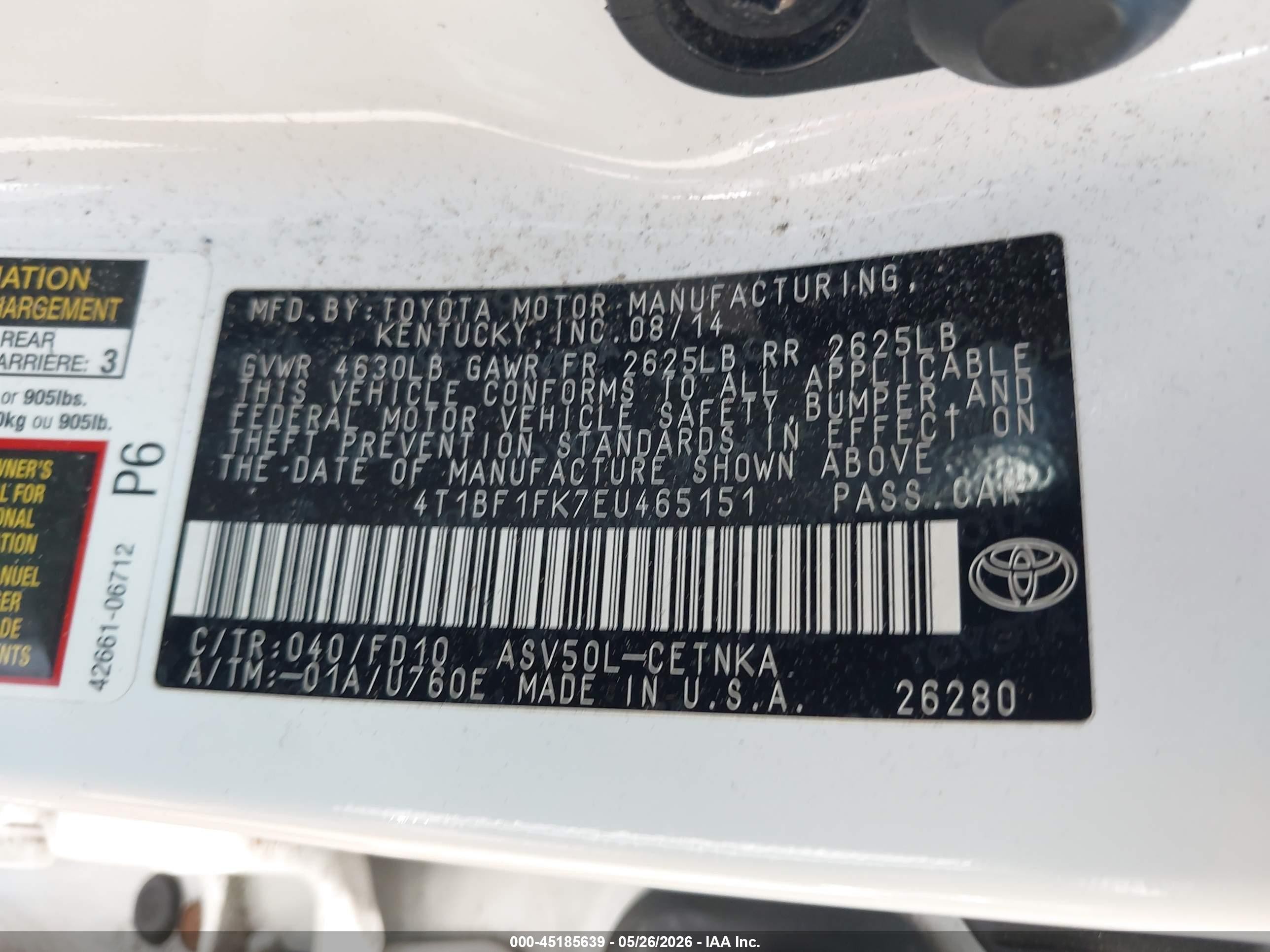2014 Toyota Camry Le White vin: 4T1BF1FK7EU465151