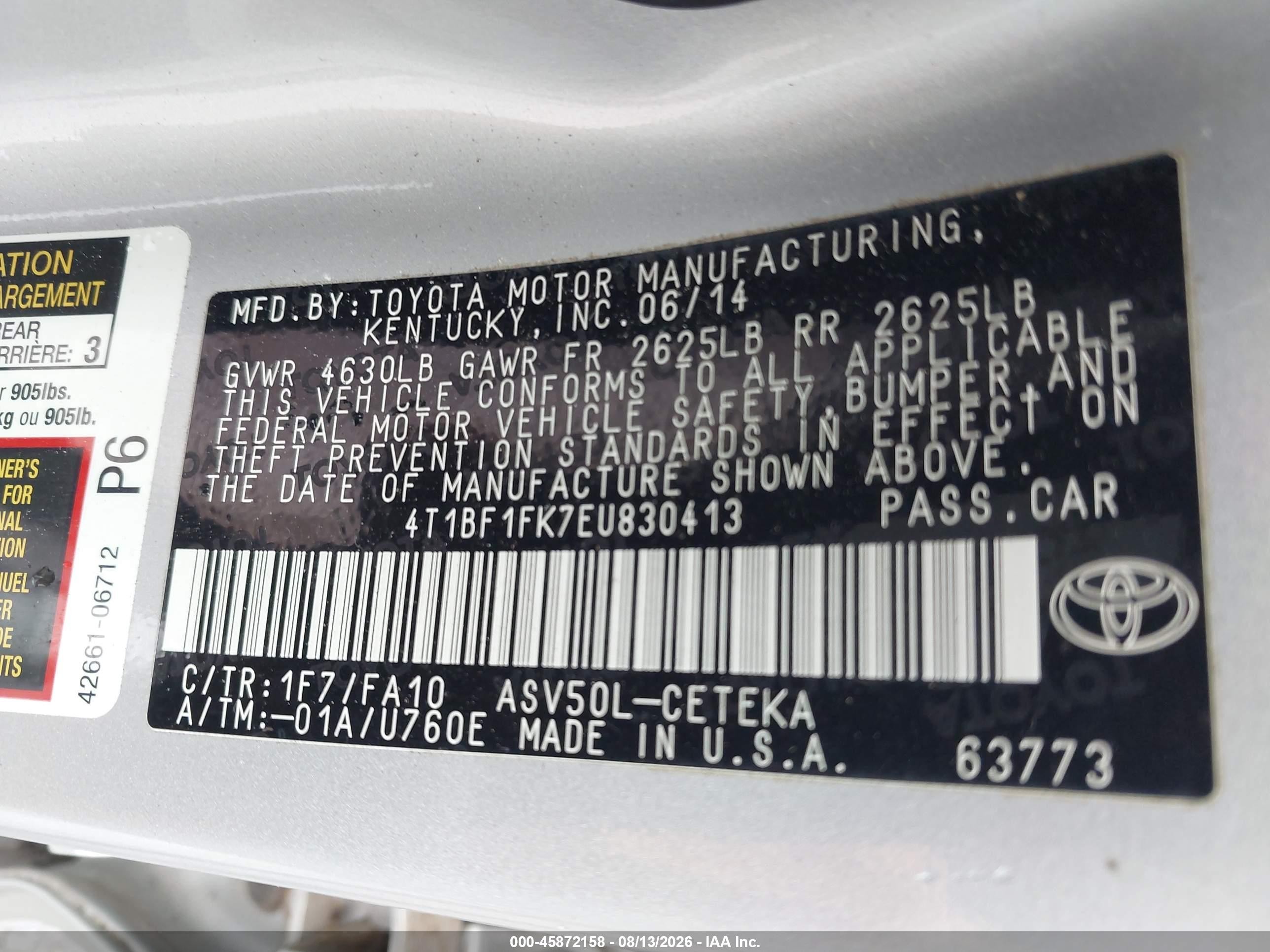 2014 Toyota Camry L Серебряный vin: 4T1BF1FK7EU830413