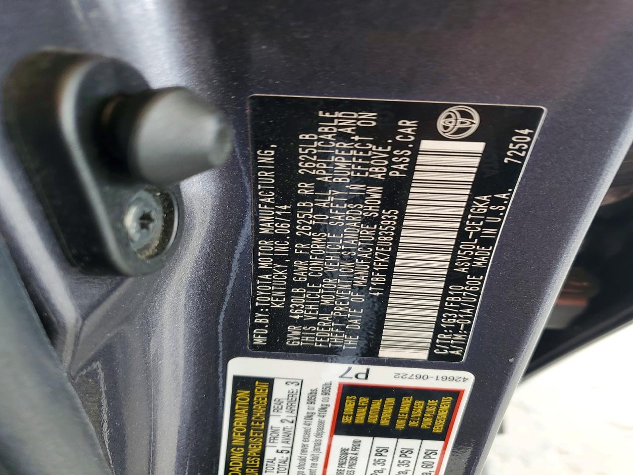 2014 Toyota Camry Xle Серый vin: 4T1BF1FK7EU835935