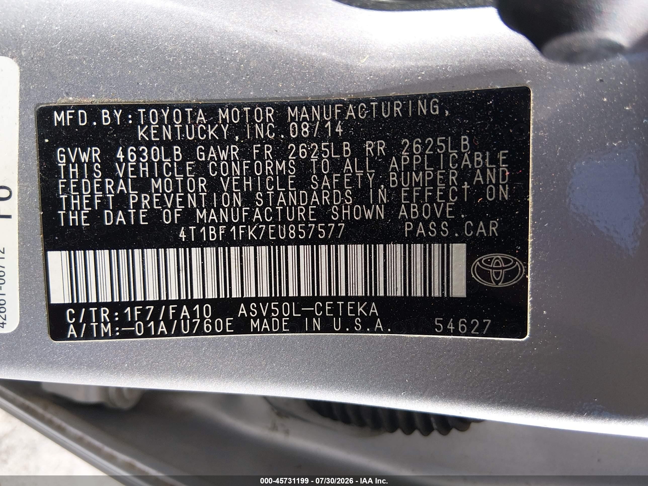 2014 Toyota Camry L Silver vin: 4T1BF1FK7EU857577