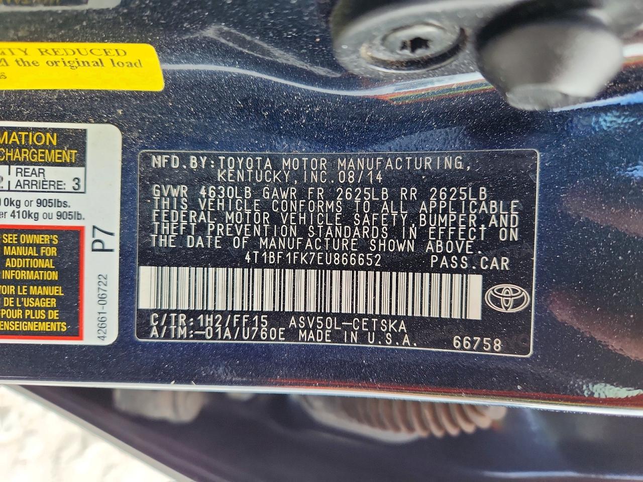2014 Toyota Atv Black vin: 4T1BF1FK7EU866652