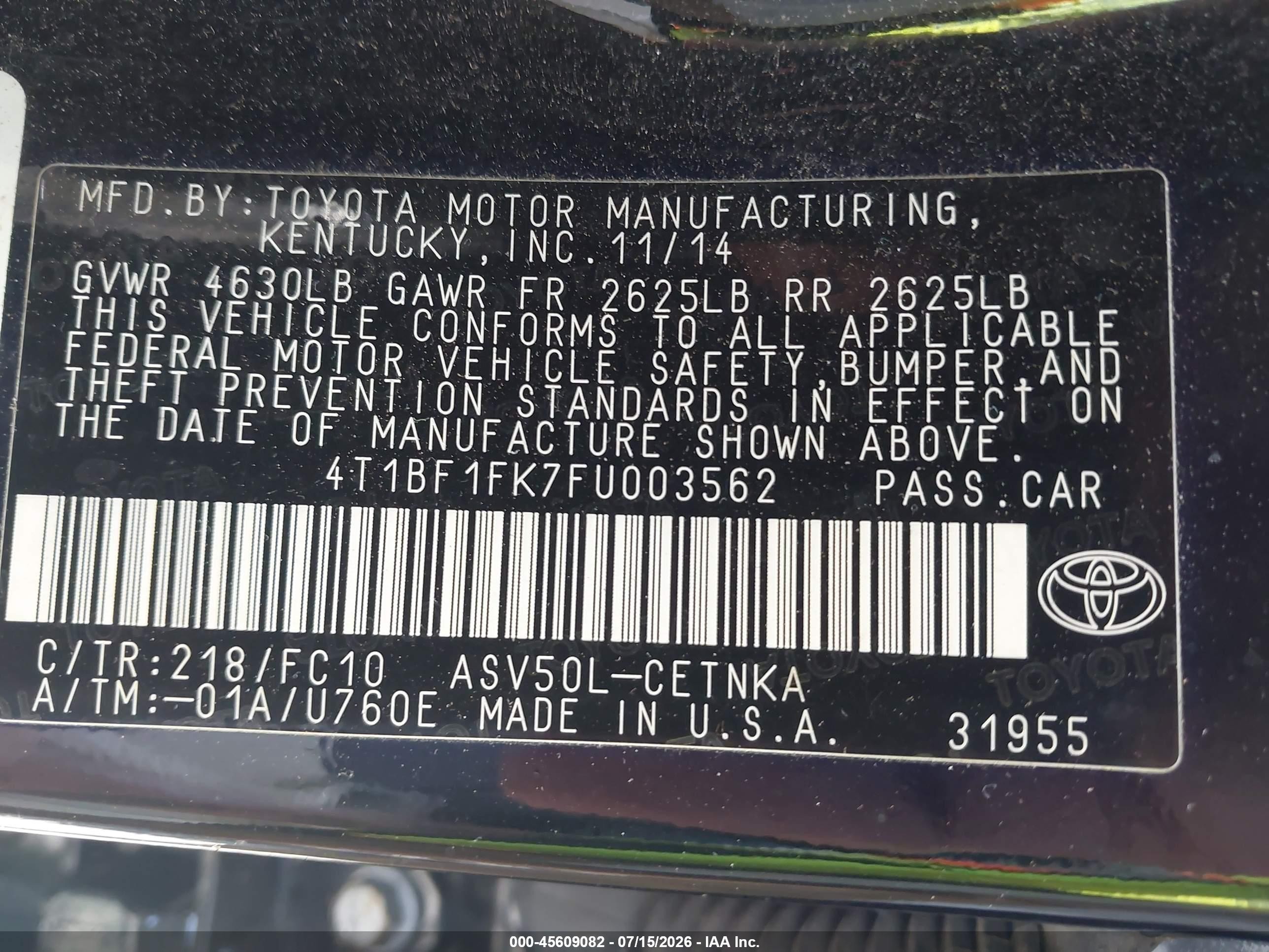 2015 Toyota Camry Le Black vin: 4T1BF1FK7FU003562