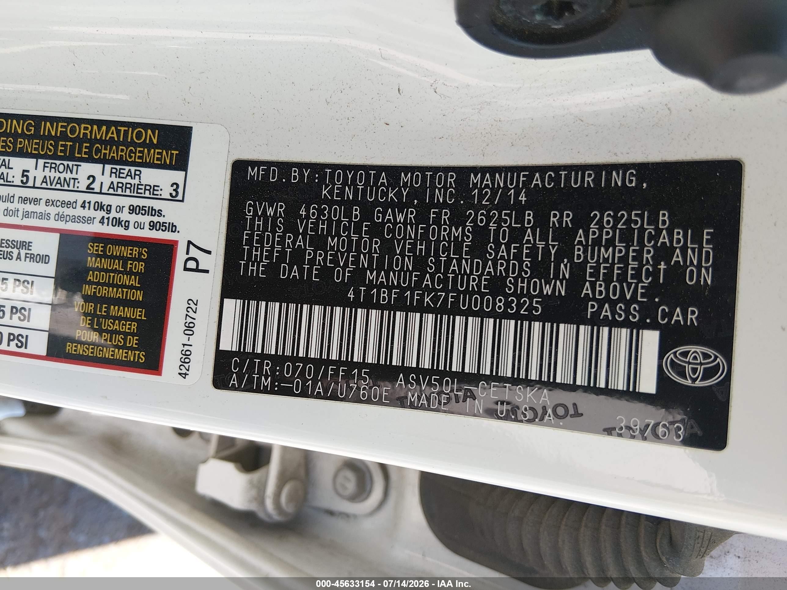 2015 Toyota Camry Se White vin: 4T1BF1FK7FU008325