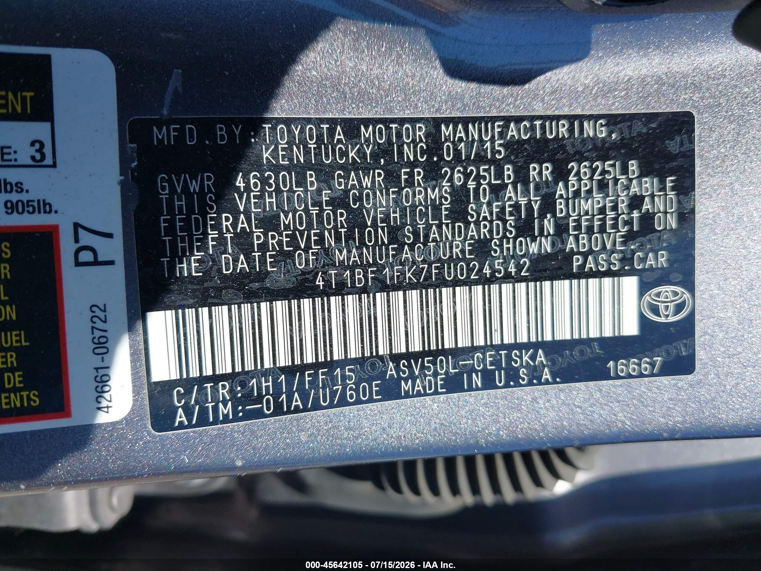 2015 Toyota Camry Se Gray vin: 4T1BF1FK7FU024542