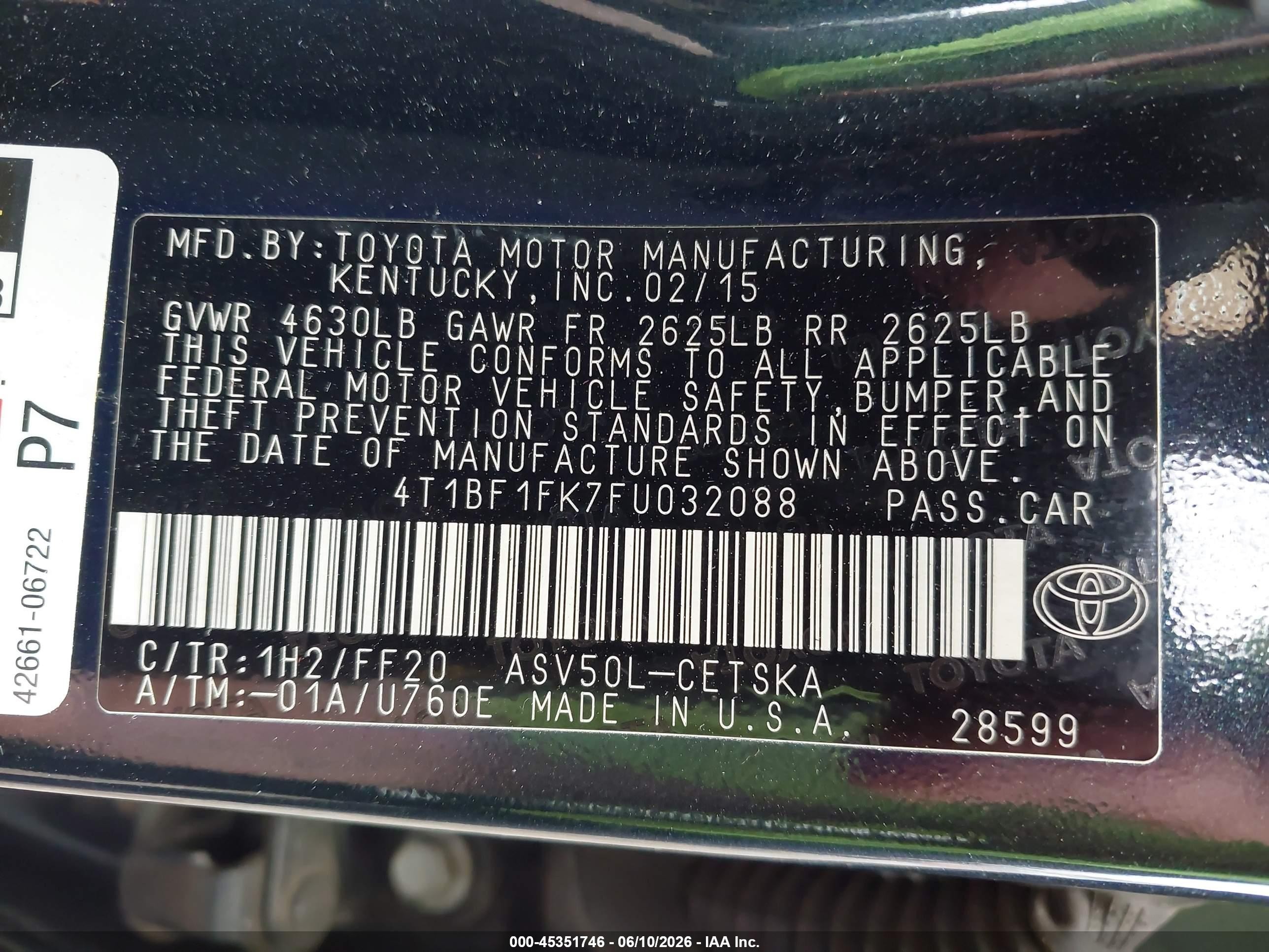 2015 Toyota Camry Se Черный vin: 4T1BF1FK7FU032088
