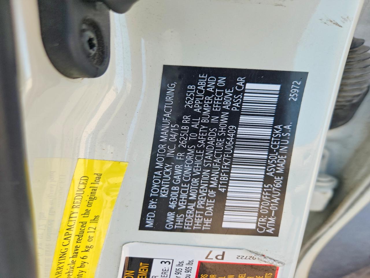 2015 Toyota Camry Se White vin: 4T1BF1FK7FU064409